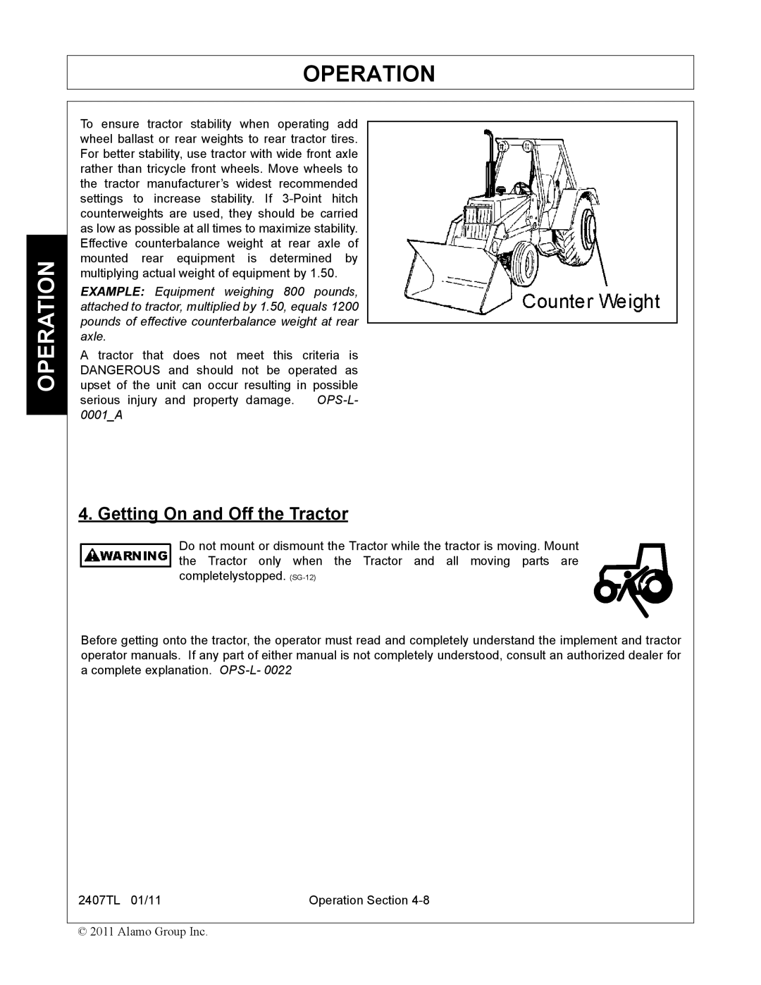 Servis-Rhino 2407TL manual Getting On and Off the Tractor 