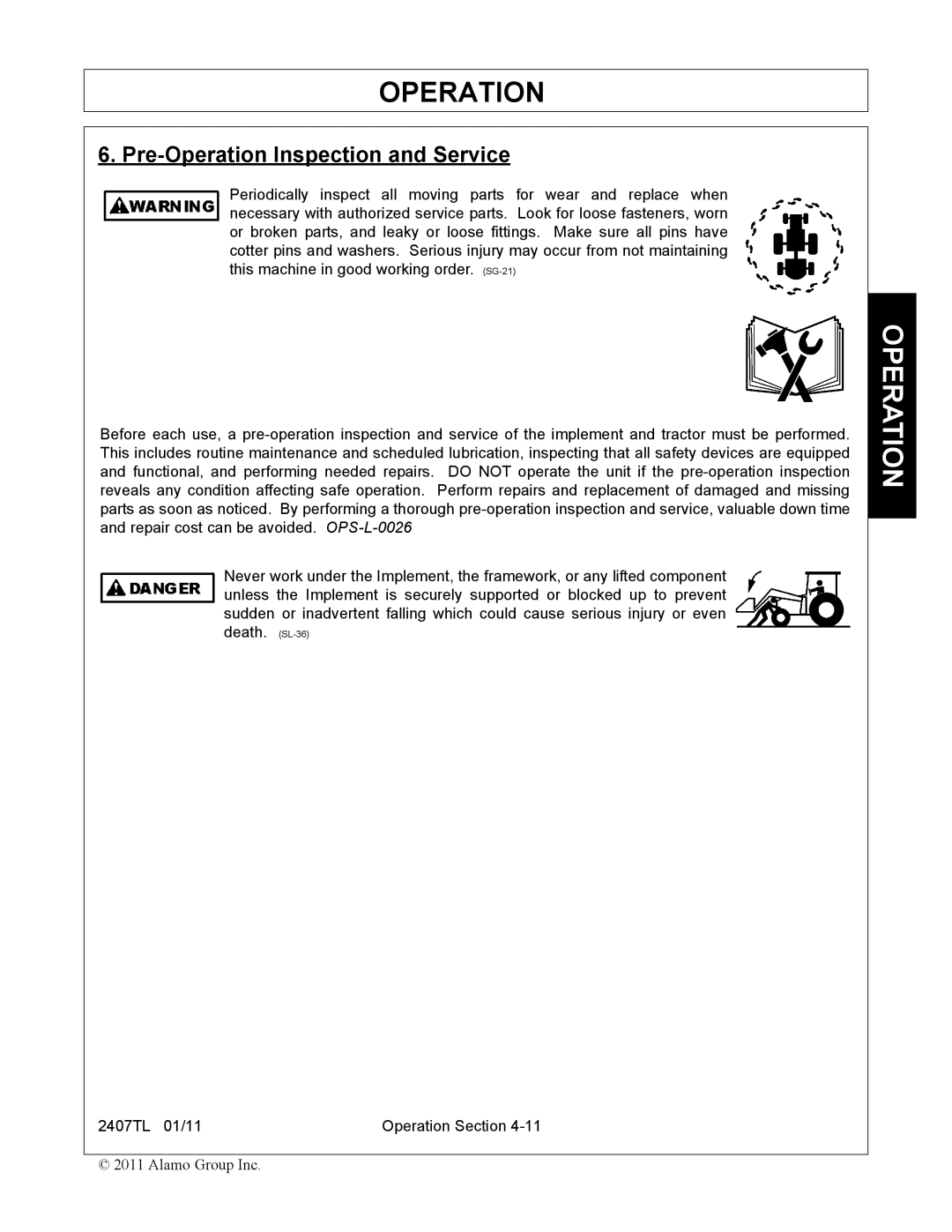 Servis-Rhino 2407TL manual Pre-Operation Inspection and Service 