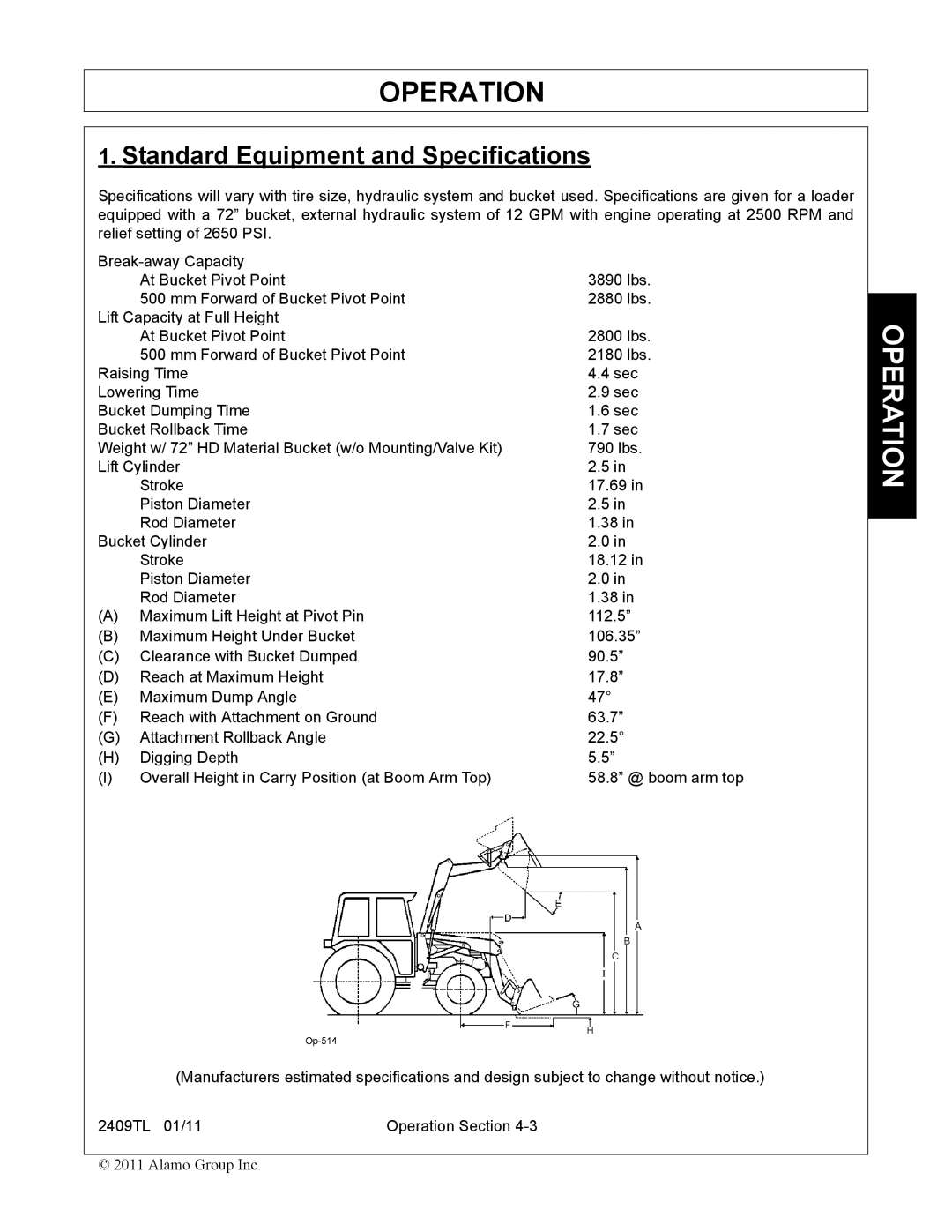 Servis-Rhino 2409TL manual Standard Equipment and Specifications 