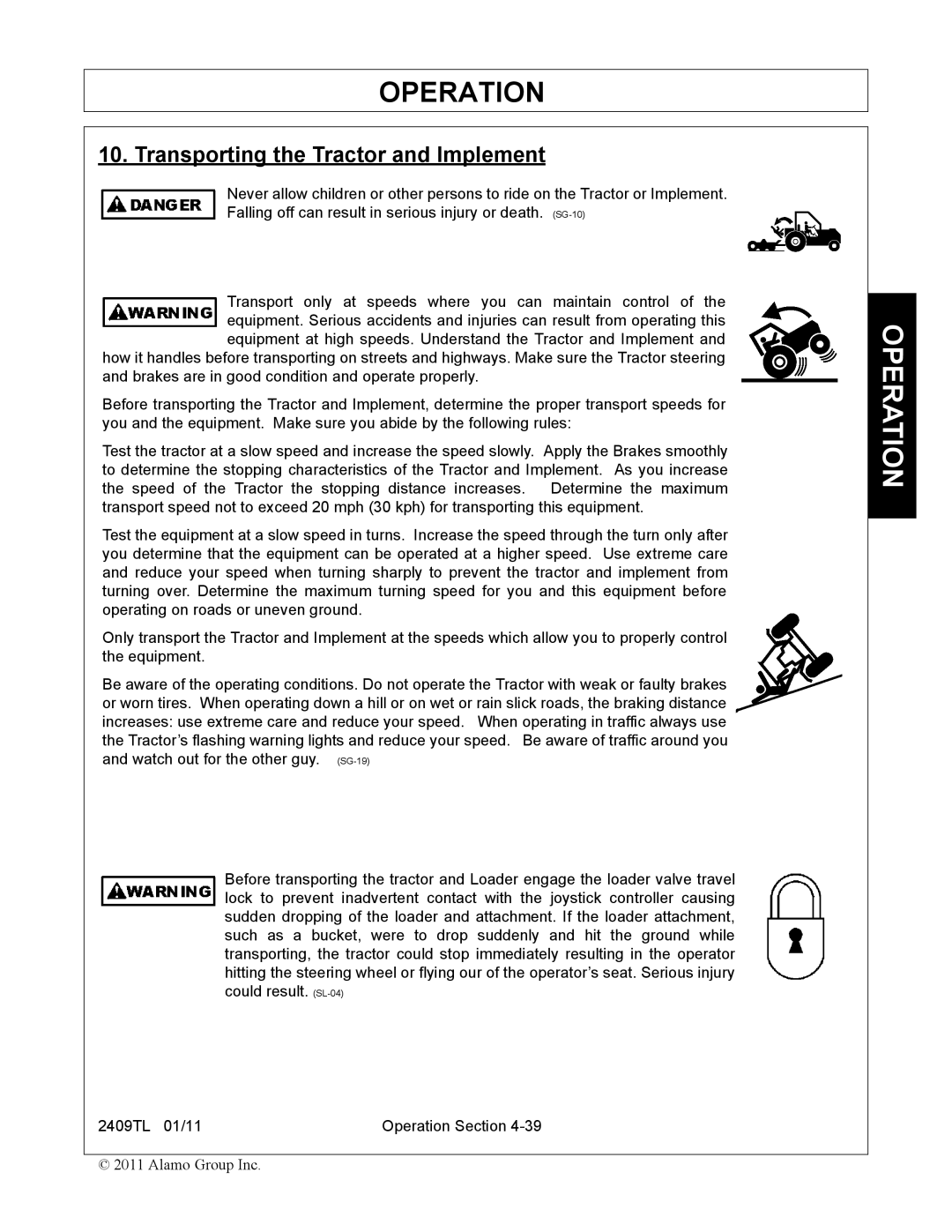 Servis-Rhino 2409TL manual Transporting the Tractor and Implement 