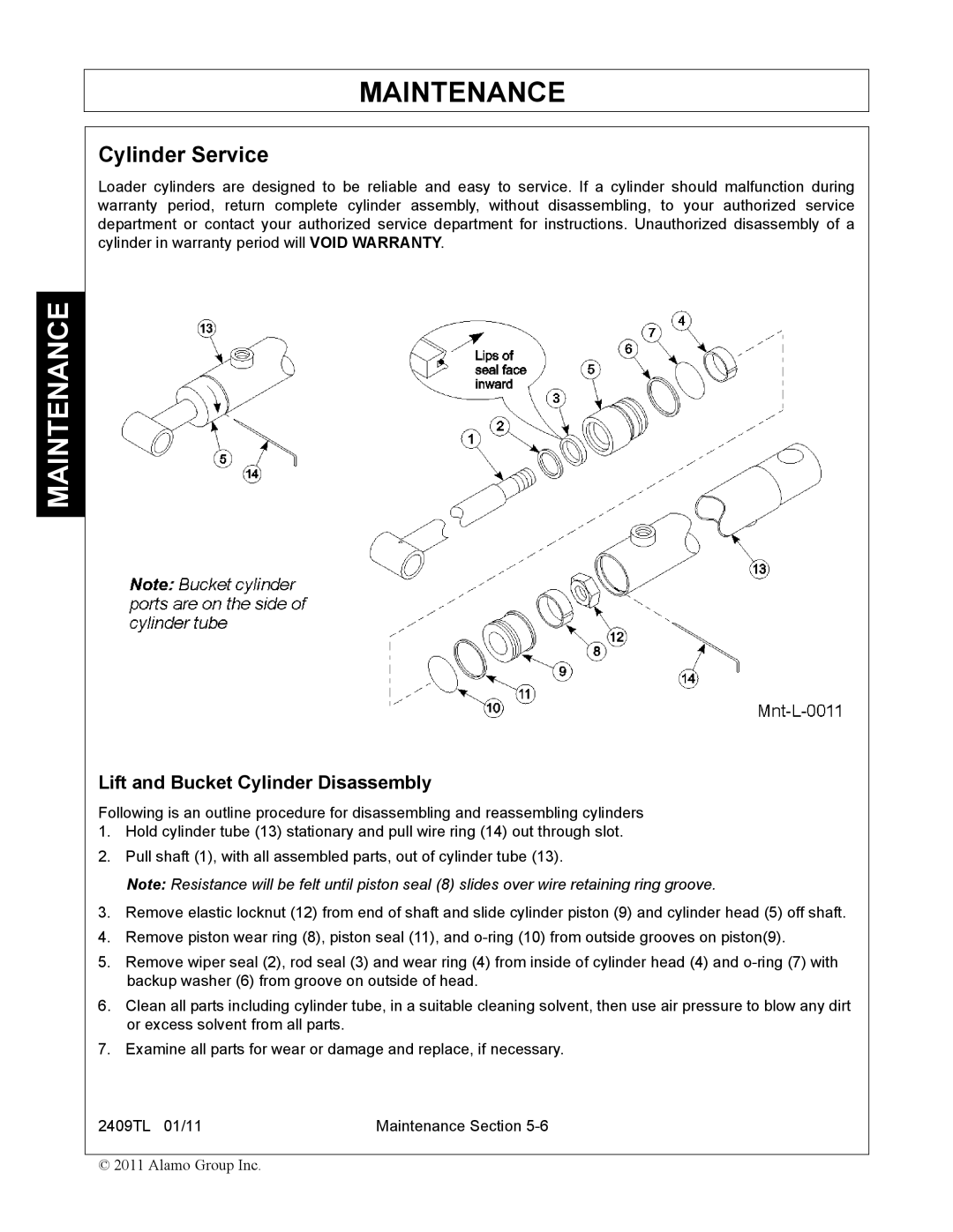 Servis-Rhino 2409TL manual Cylinder Service, Lift and Bucket Cylinder Disassembly 