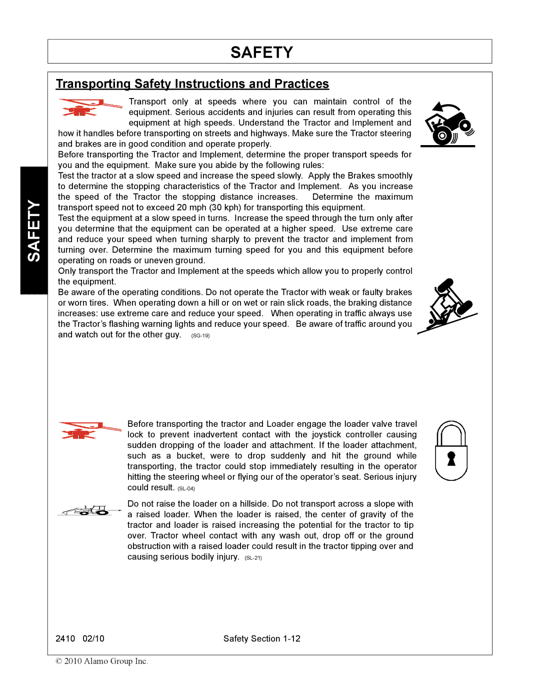 Servis-Rhino 2410 manual Transporting Safety Instructions and Practices 