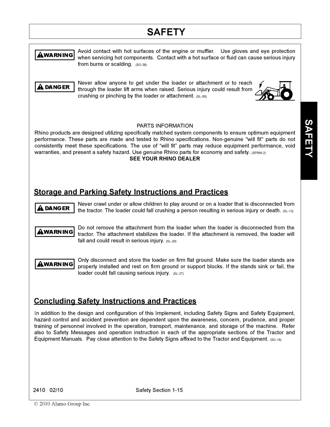 Servis-Rhino 2410 Storage and Parking Safety Instructions and Practices, Concluding Safety Instructions and Practices 