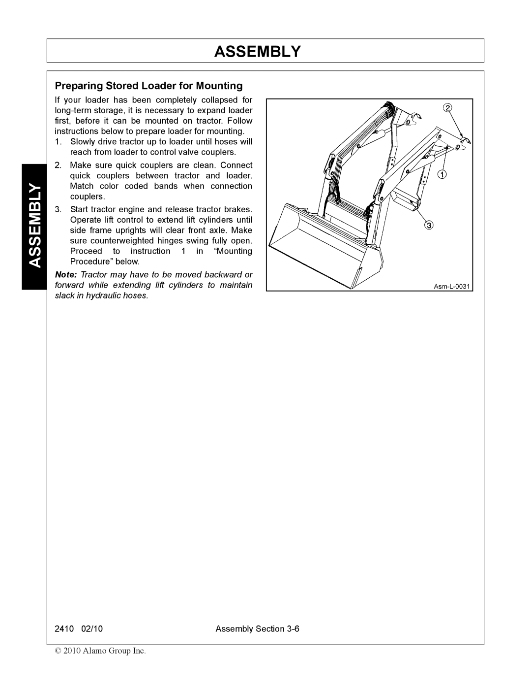 Servis-Rhino 2410 manual Preparing Stored Loader for Mounting 