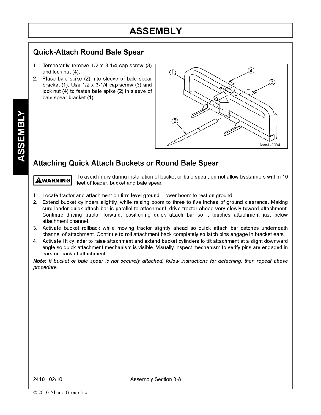 Servis-Rhino 2410 manual Quick-Attach Round Bale Spear, Attaching Quick Attach Buckets or Round Bale Spear 