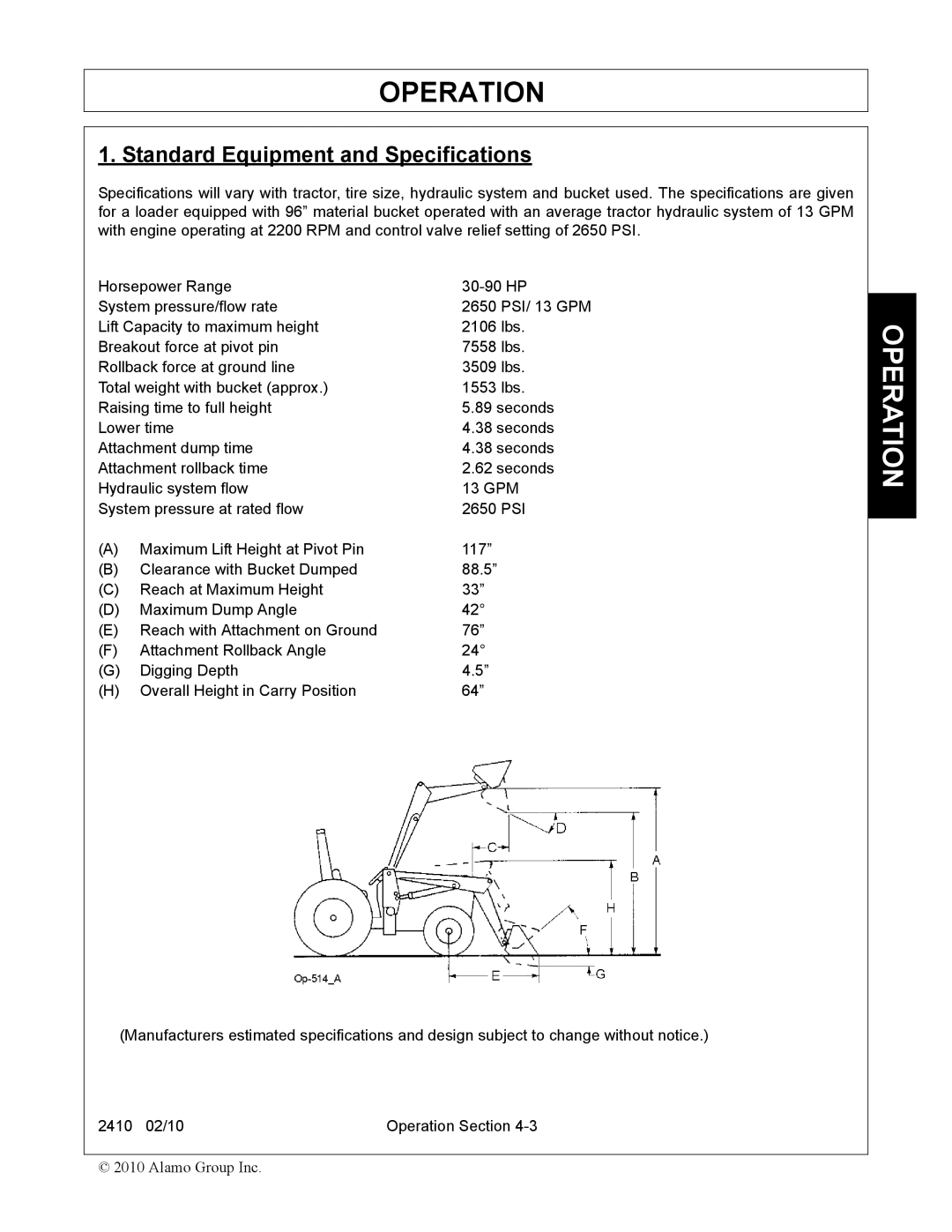 Servis-Rhino 2410 manual Standard Equipment and Specifications 