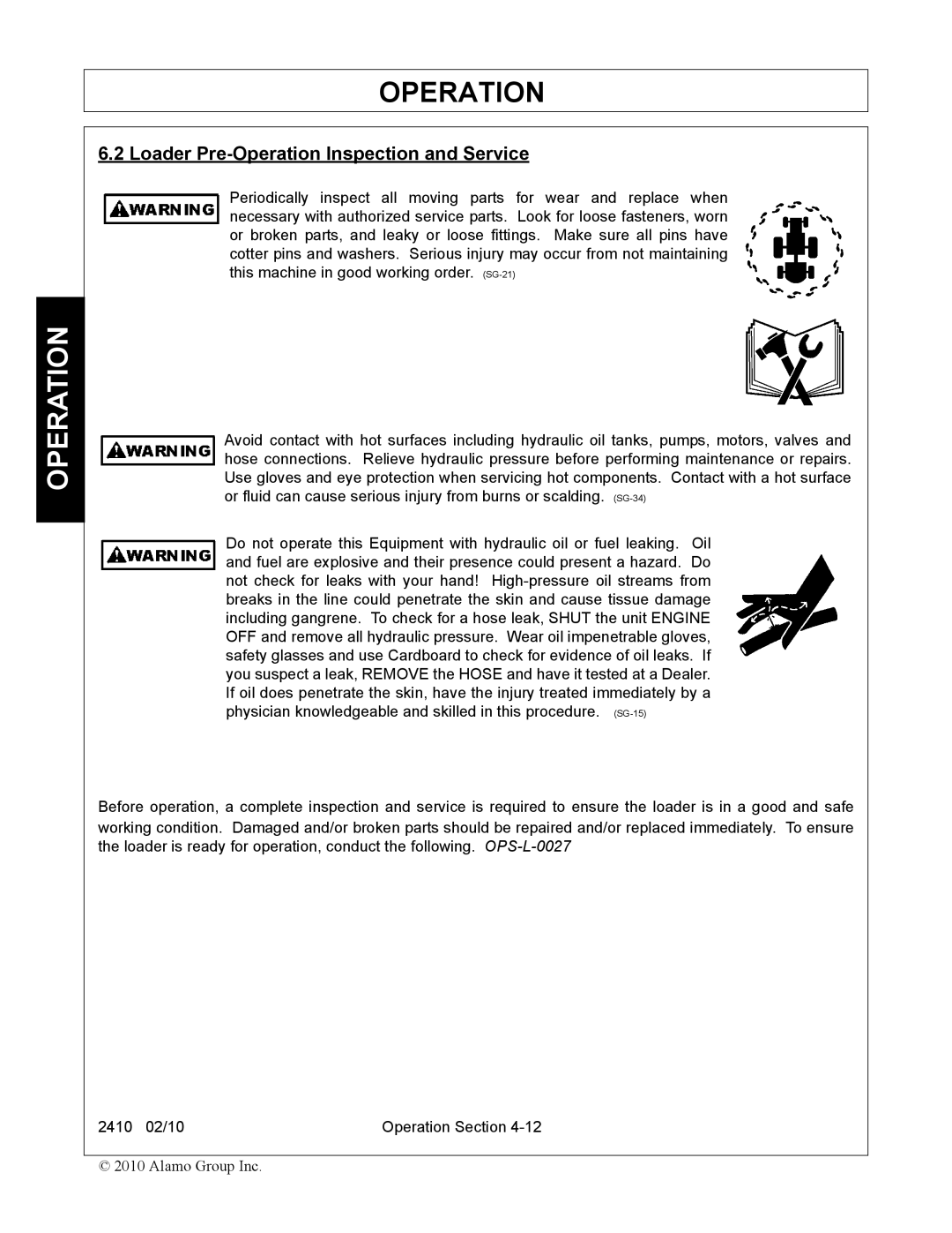 Servis-Rhino 2410 manual Loader Pre-Operation Inspection and Service 