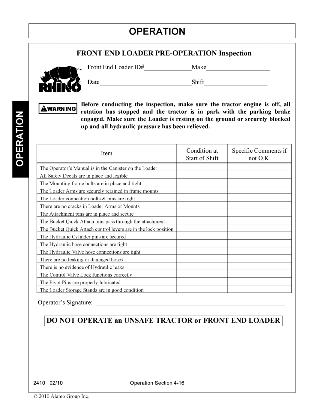 Servis-Rhino 2410 manual Front END Loader PRE-OPERATION Inspection 