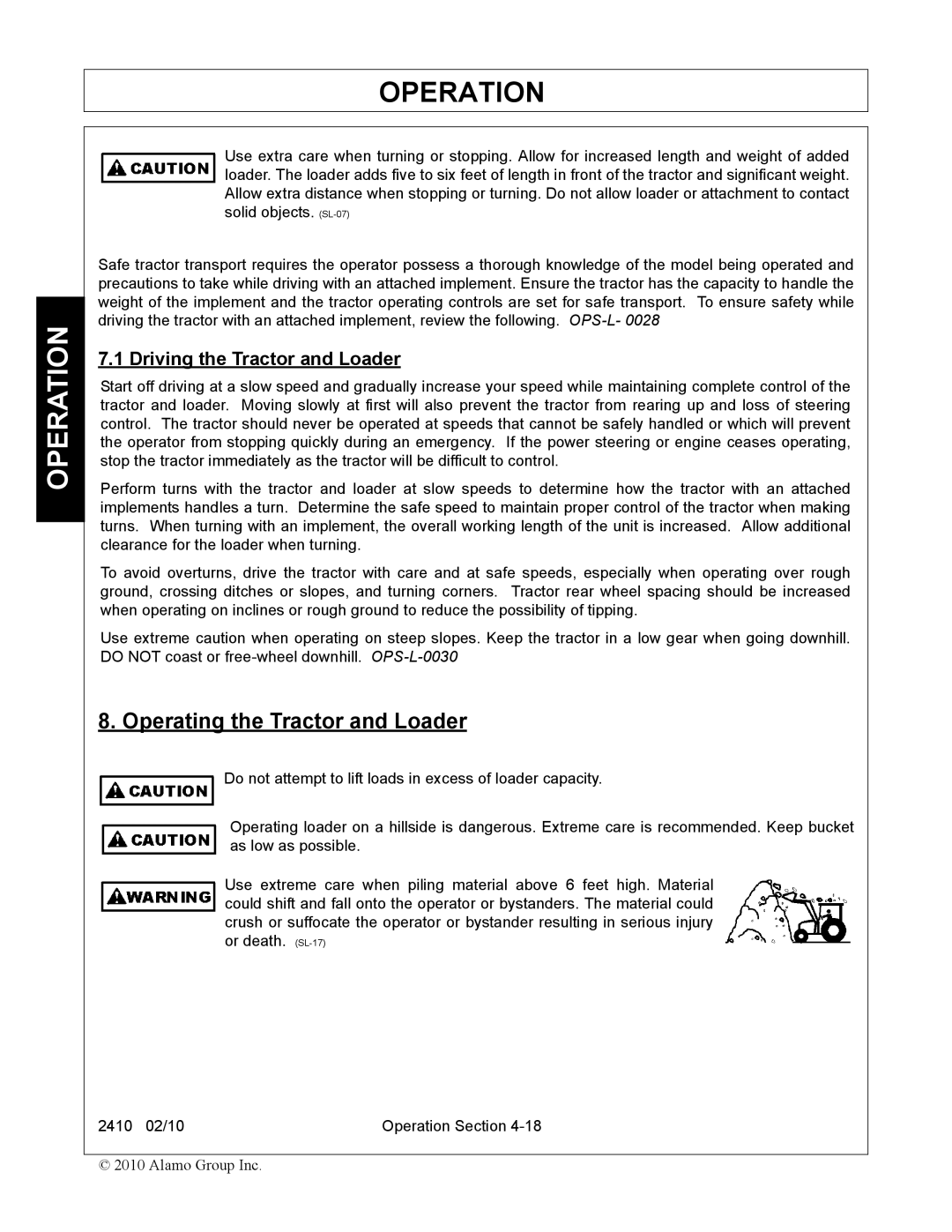 Servis-Rhino 2410 manual Operating the Tractor and Loader, Driving the Tractor and Loader 