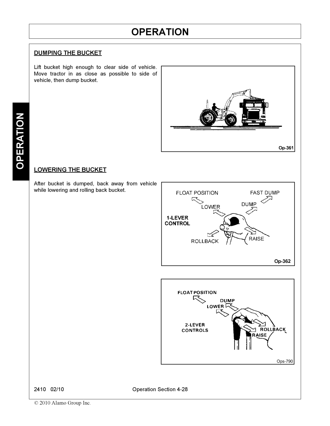 Servis-Rhino 2410 manual Dumping the Bucket, Lowering the Bucket 