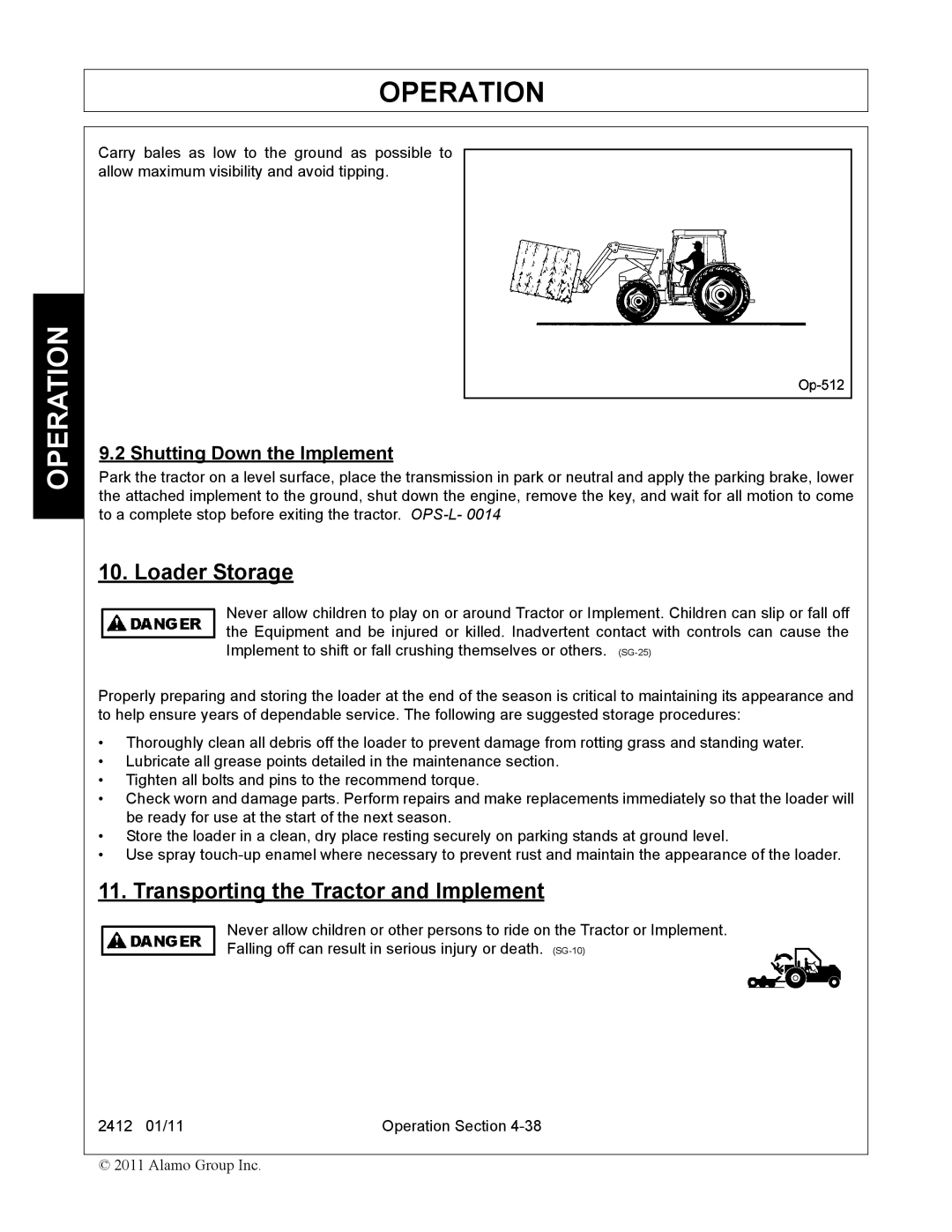 Servis-Rhino 2412 manual Loader Storage, Transporting the Tractor and Implement, Shutting Down the Implement 