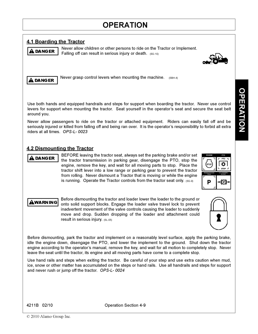 Servis-Rhino 4211B manual Boarding the Tractor, Dismounting the Tractor 