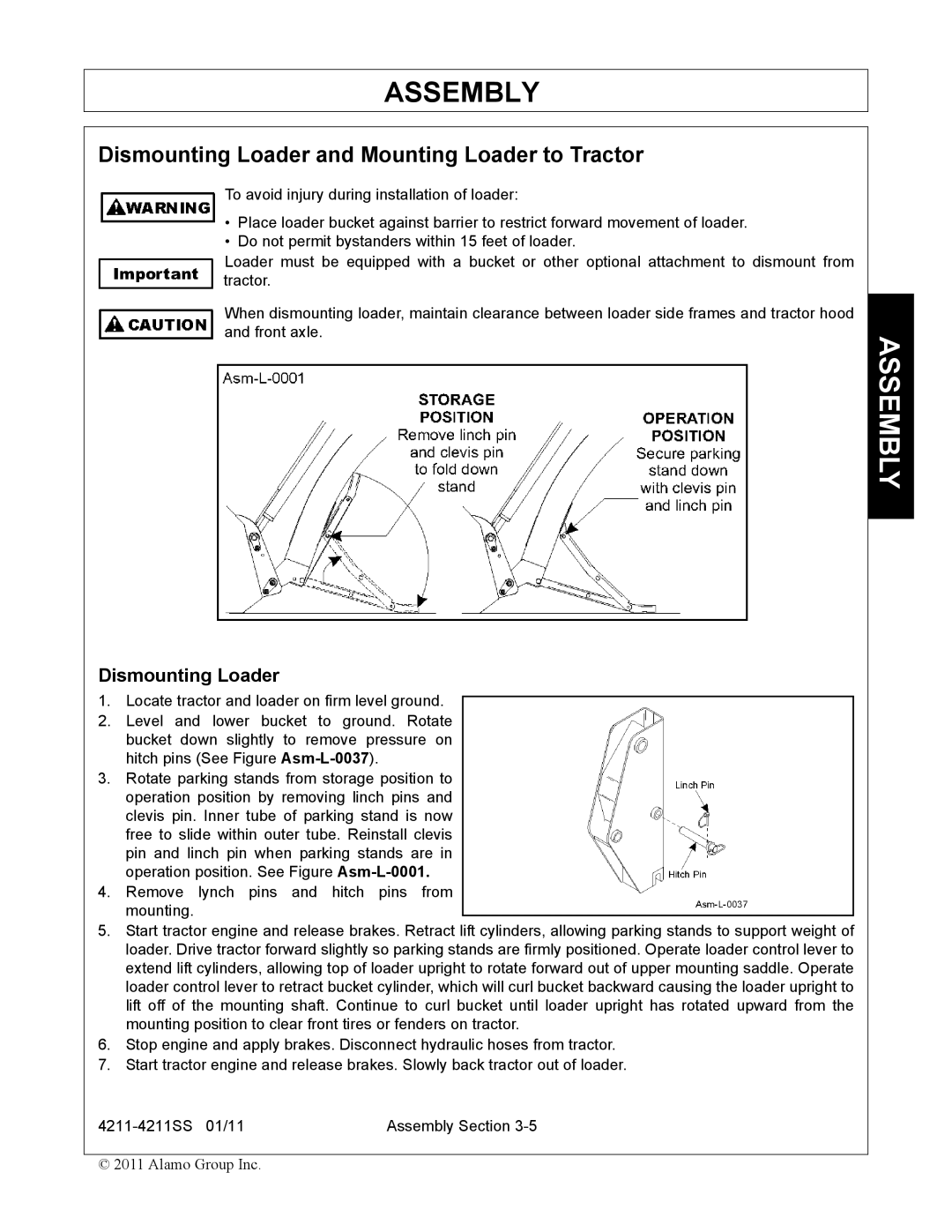 Servis-Rhino 4211SS manual Dismounting Loader and Mounting Loader to Tractor 