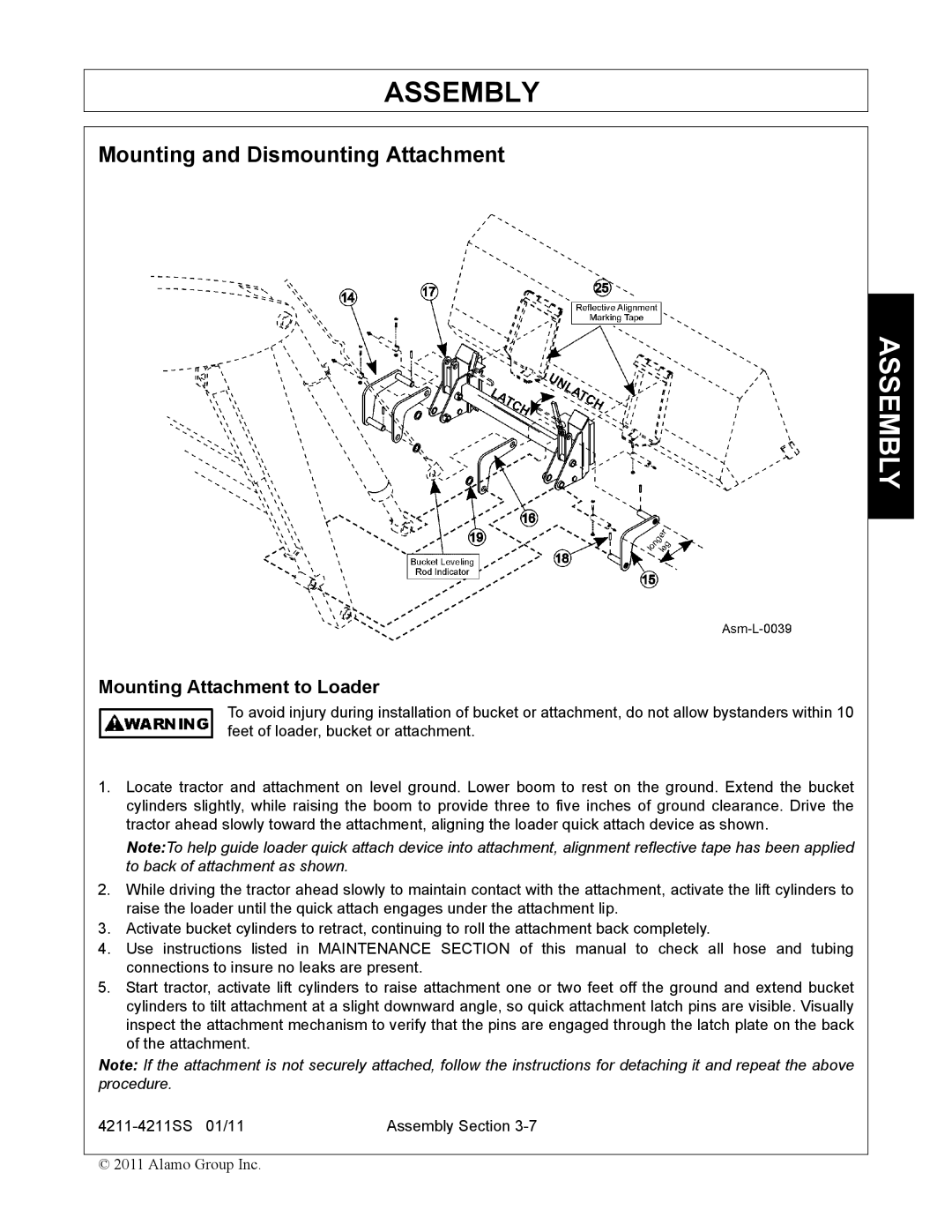 Servis-Rhino 4211SS manual Mounting and Dismounting Attachment, Mounting Attachment to Loader 