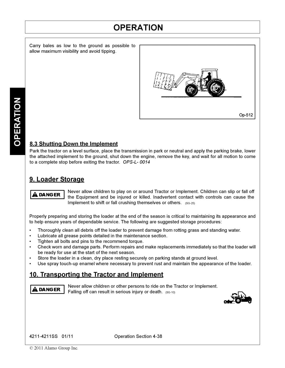 Servis-Rhino 4211SS manual Loader Storage, Transporting the Tractor and Implement, Shutting Down the Implement 