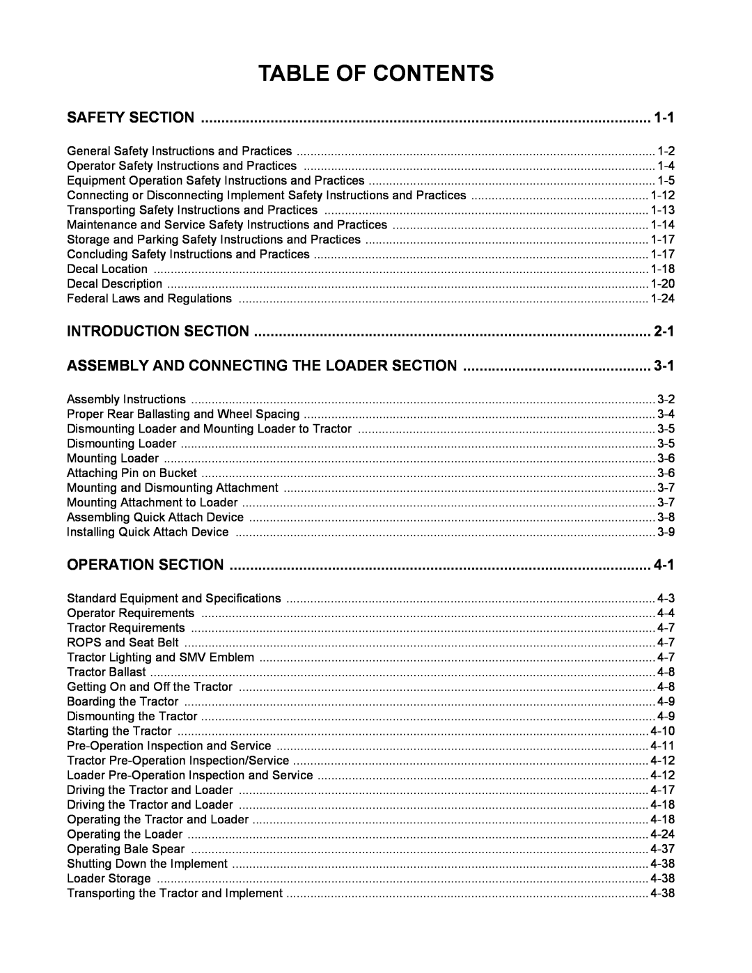 Servis-Rhino 4211 Table Of Contents, Safety Section, Introduction Section, Assembly And Connecting The Loader Section 