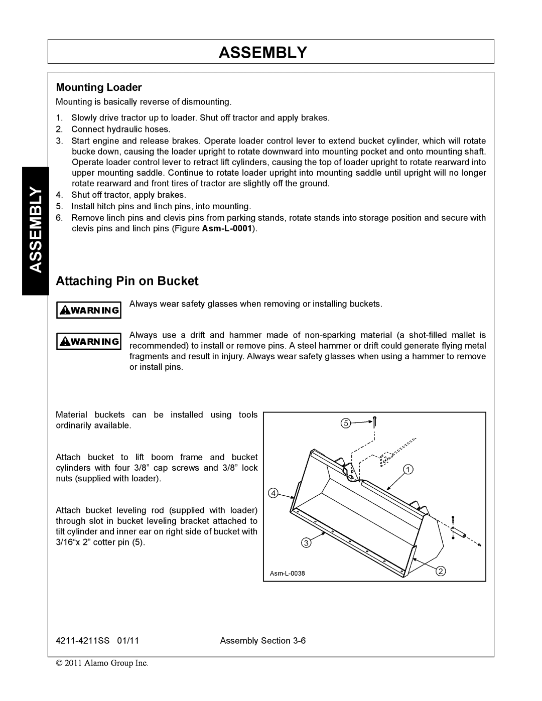 Servis-Rhino 4211SS manual Assembly, Attaching Pin on Bucket, Mounting Loader 