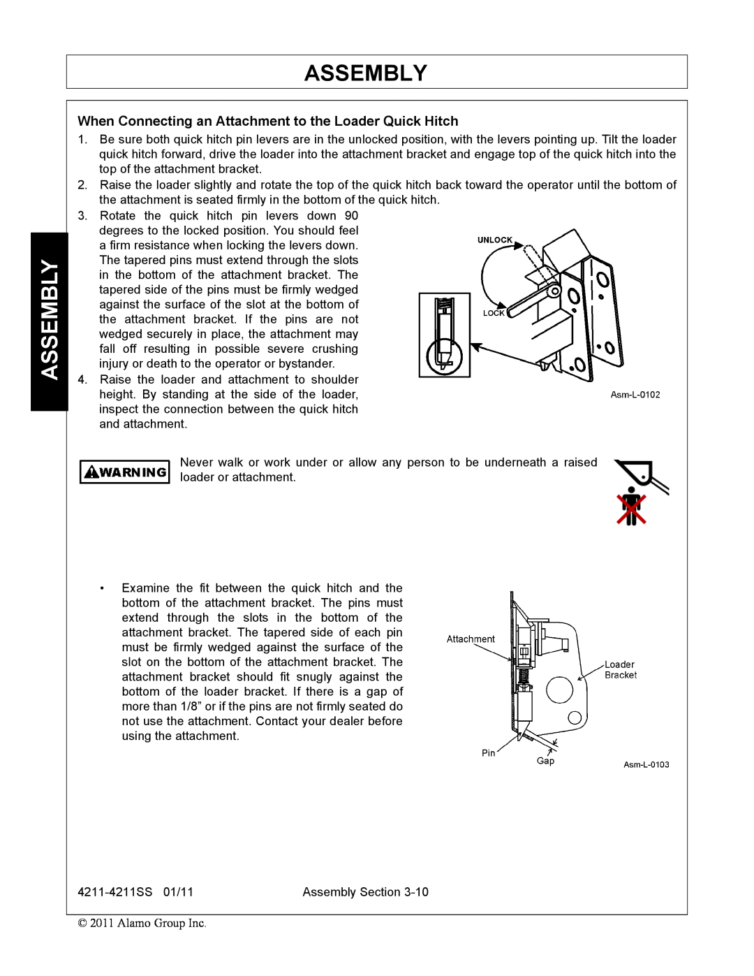 Servis-Rhino 4211SS manual Assembly, When Connecting an Attachment to the Loader Quick Hitch 
