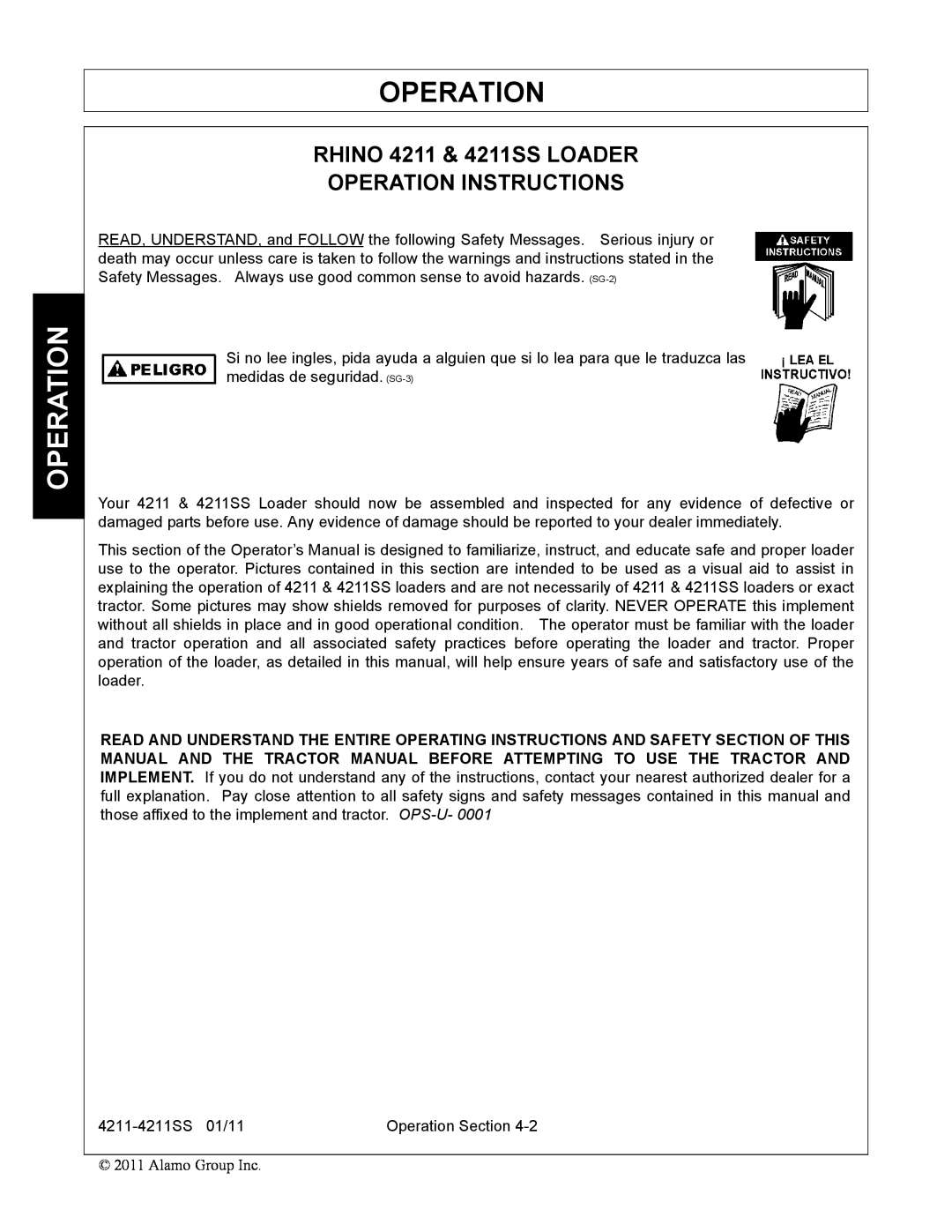 Servis-Rhino manual Operation, RHINO 4211 & 4211SS LOADER OPERATION INSTRUCTIONS 