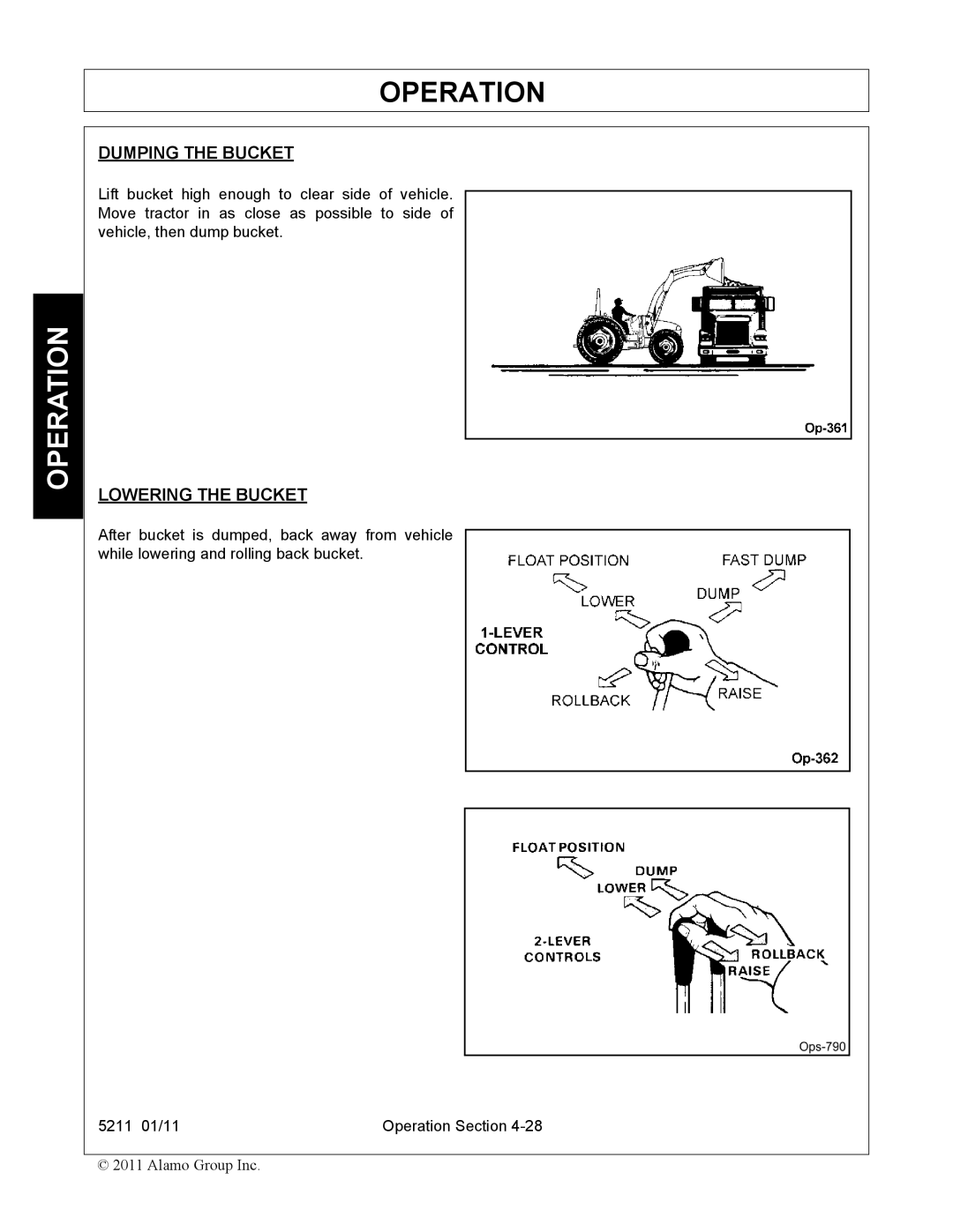 Servis-Rhino 5211 manual Dumping the Bucket, Lowering the Bucket 