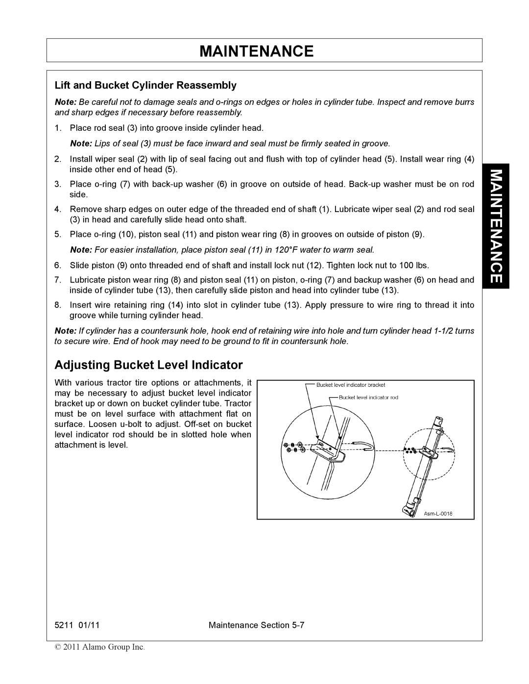 Servis-Rhino 5211 manual Adjusting Bucket Level Indicator, Lift and Bucket Cylinder Reassembly 