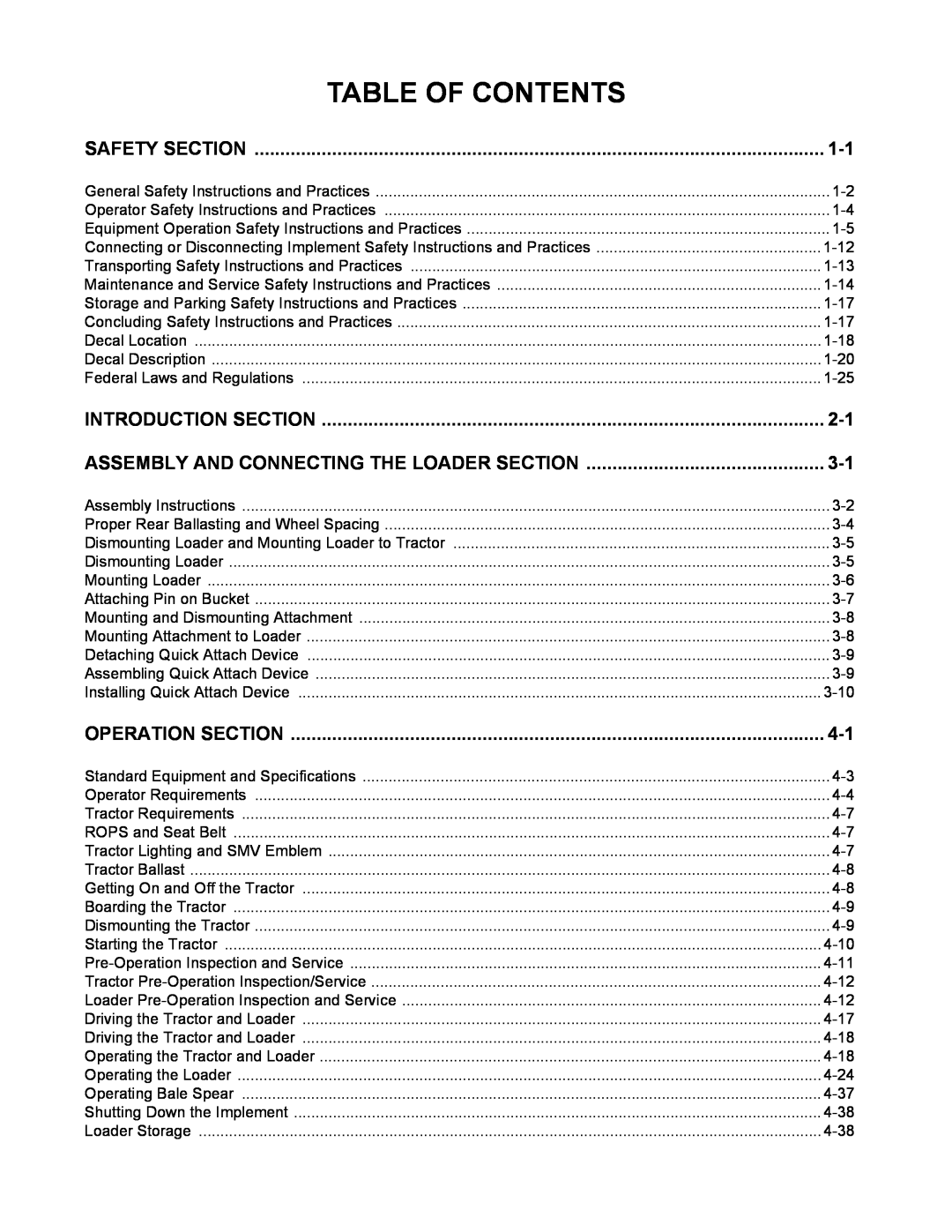 Servis-Rhino 5211 Table Of Contents, Safety Section, Introduction Section, Assembly And Connecting The Loader Section 