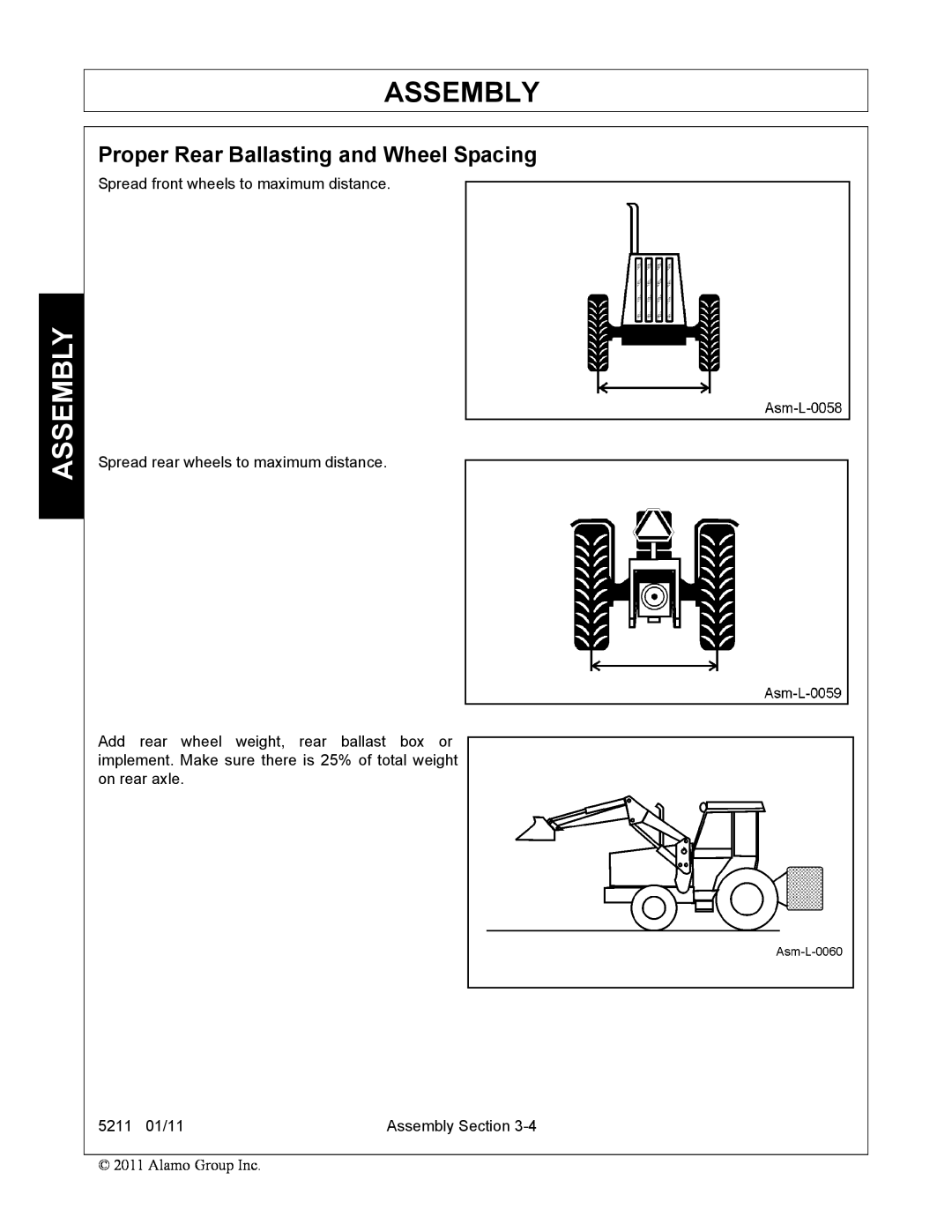 Servis-Rhino 5211 manual Assembly, Proper Rear Ballasting and Wheel Spacing 