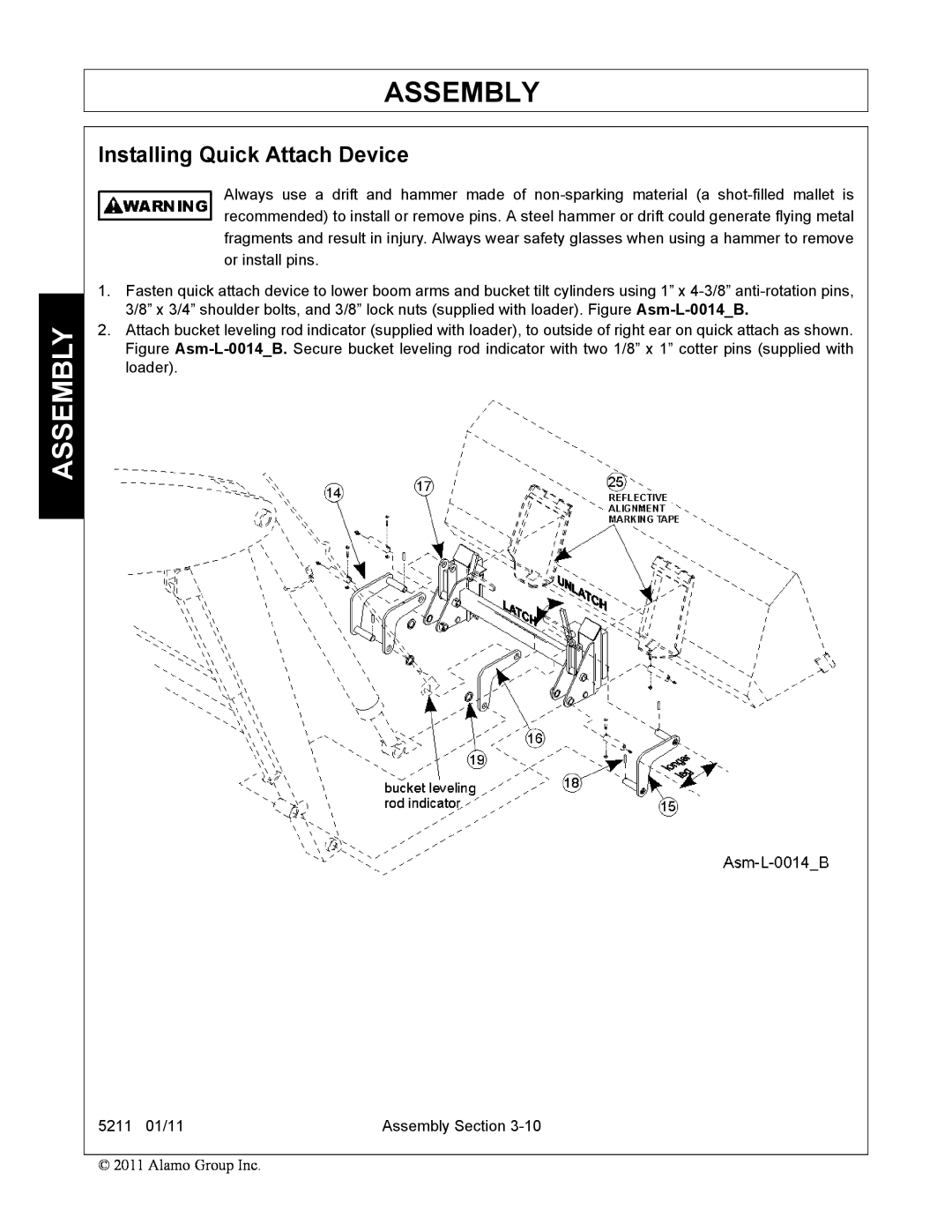 Servis-Rhino 5211 manual Assembly, Installing Quick Attach Device 