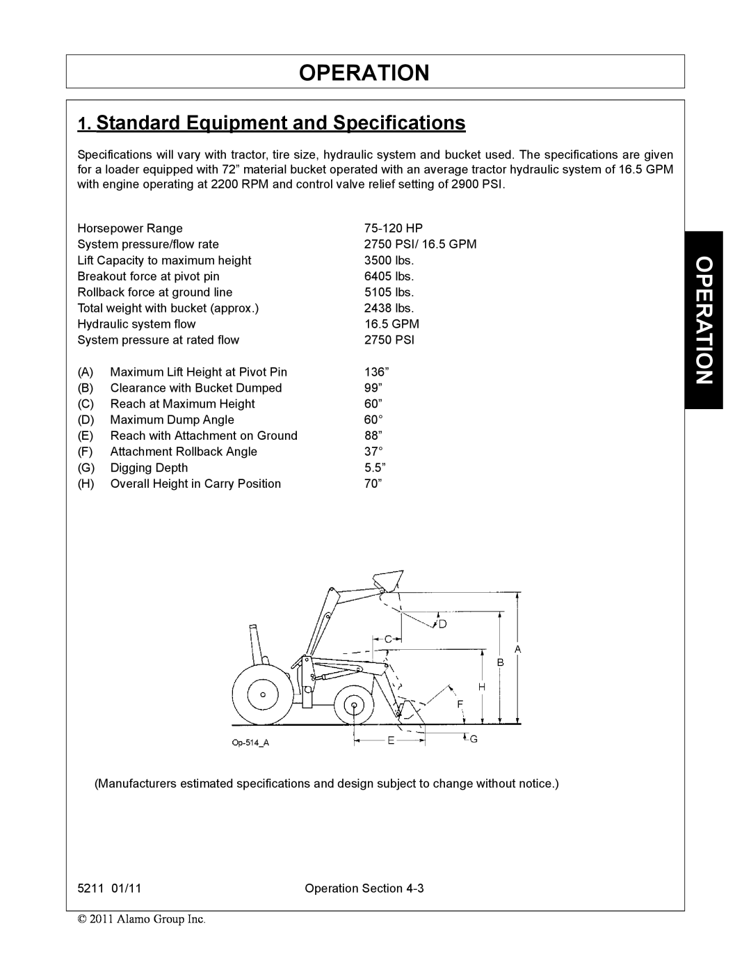 Servis-Rhino 5211 manual Operation, Standard Equipment and Specifications 