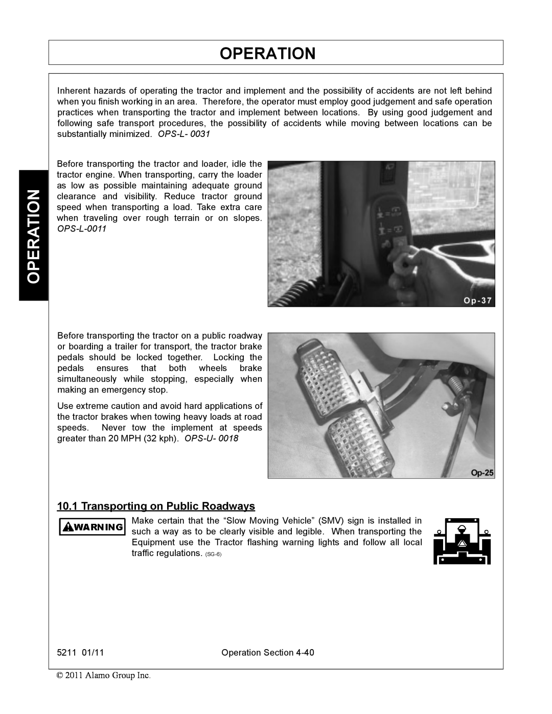 Servis-Rhino 5211 manual Operation, Transporting on Public Roadways 
