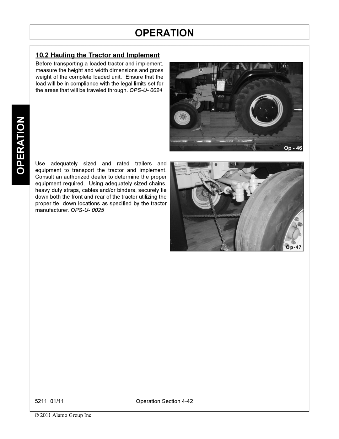 Servis-Rhino 5211 manual Operation, Hauling the Tractor and Implement 