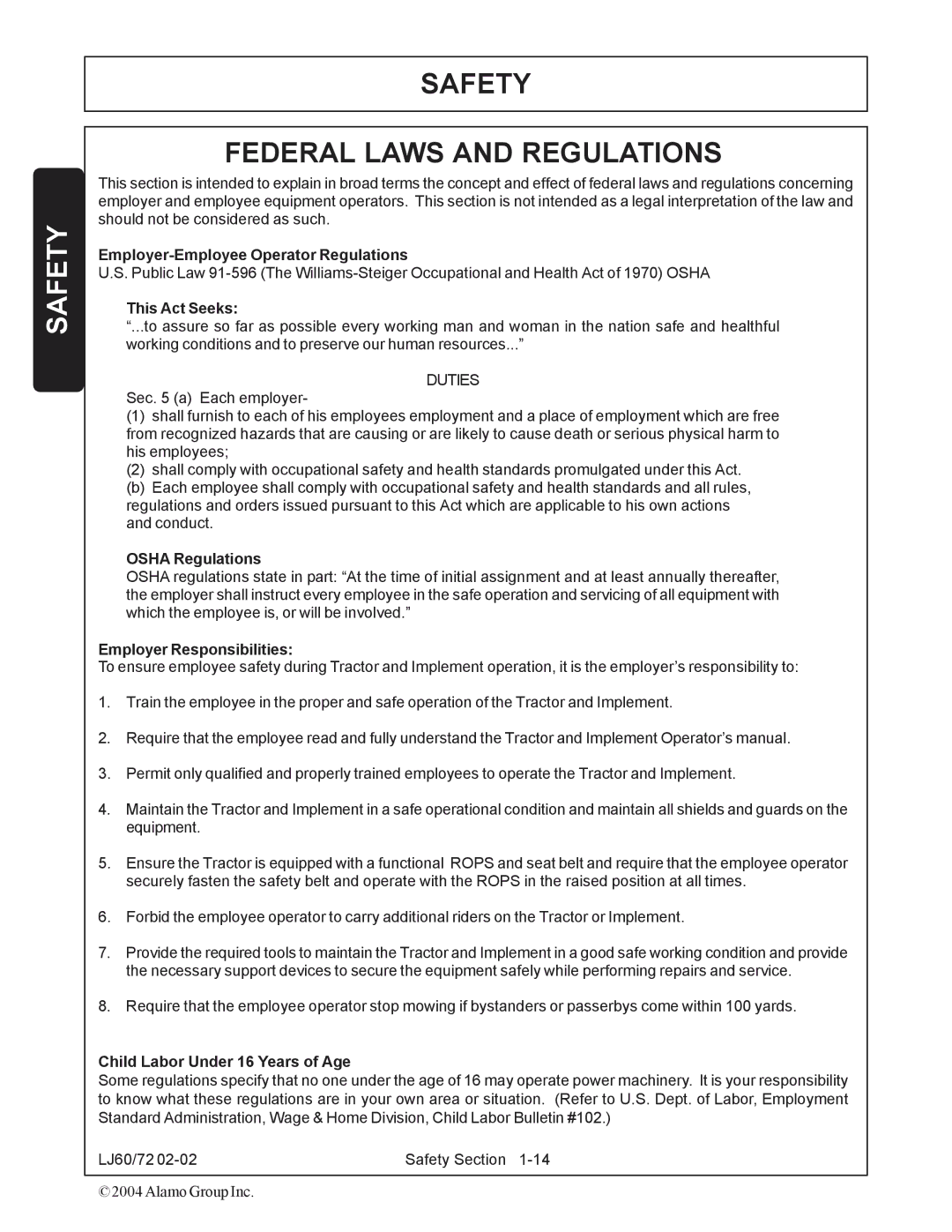 Servis-Rhino 60/72 manual Safety Federal Laws and Regulations 