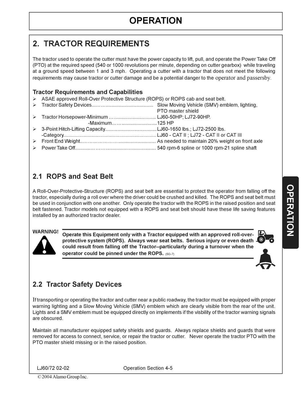 Servis-Rhino 60/72 manual Tractor Requirements, Rops and Seat Belt, Tractor Safety Devices 