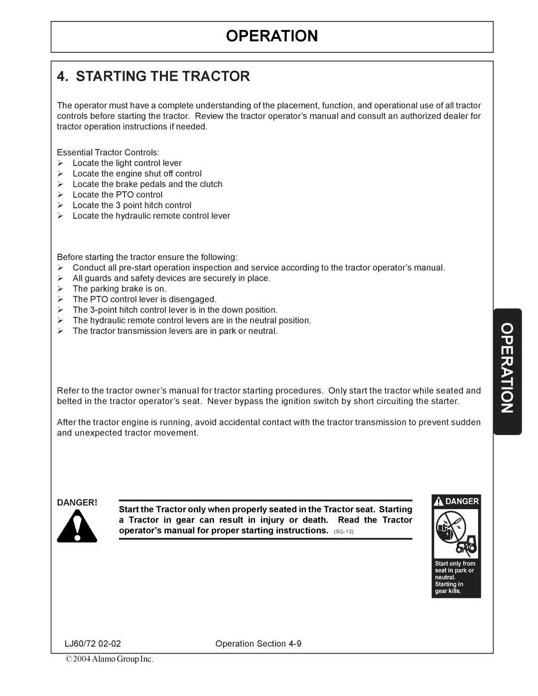 Servis-Rhino 60/72 manual Starting the Tractor 