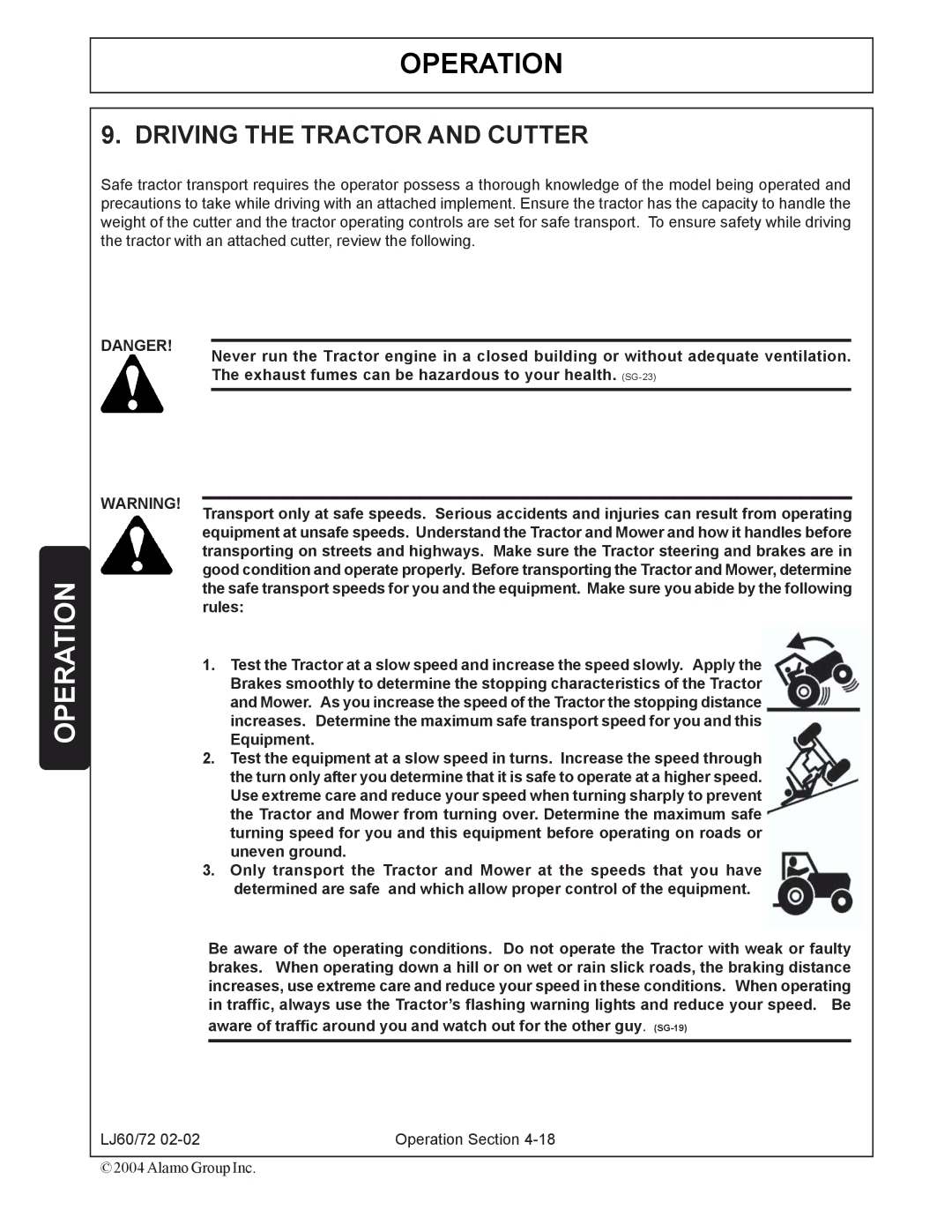 Servis-Rhino 60/72 manual Driving the Tractor and Cutter, Operation 