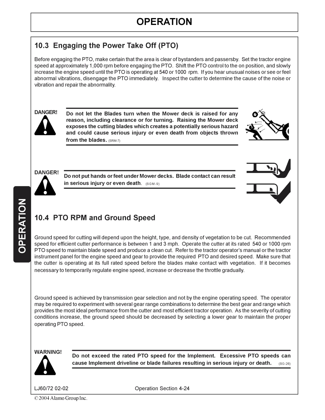 Servis-Rhino 60/72 manual Engaging the Power Take Off PTO, PTO RPM and Ground Speed 