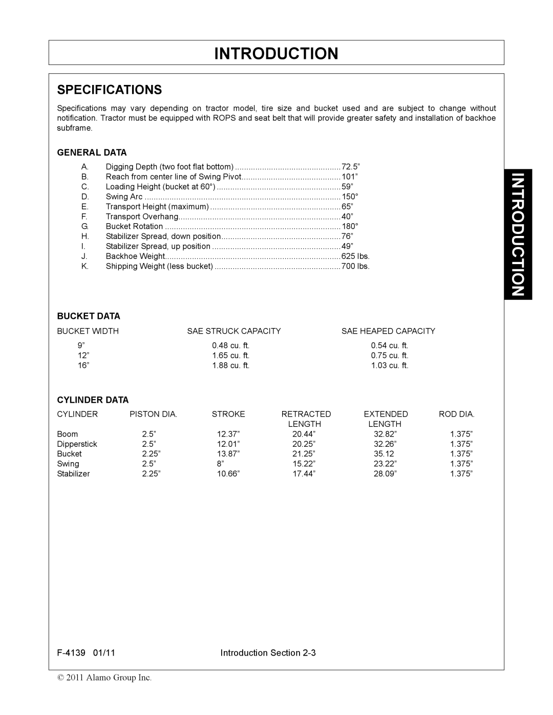 Servis-Rhino 60C manual General Data, Bucket Data, Cylinder Data 