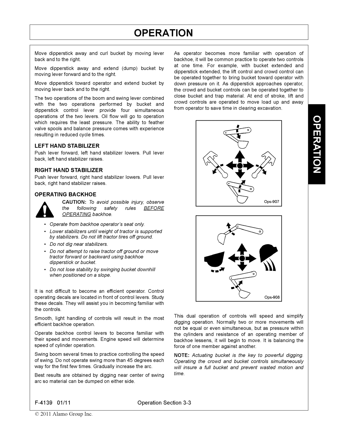 Servis-Rhino 60C manual Left Hand Stabilizer, Right Hand Stabilizer, Operating Backhoe 