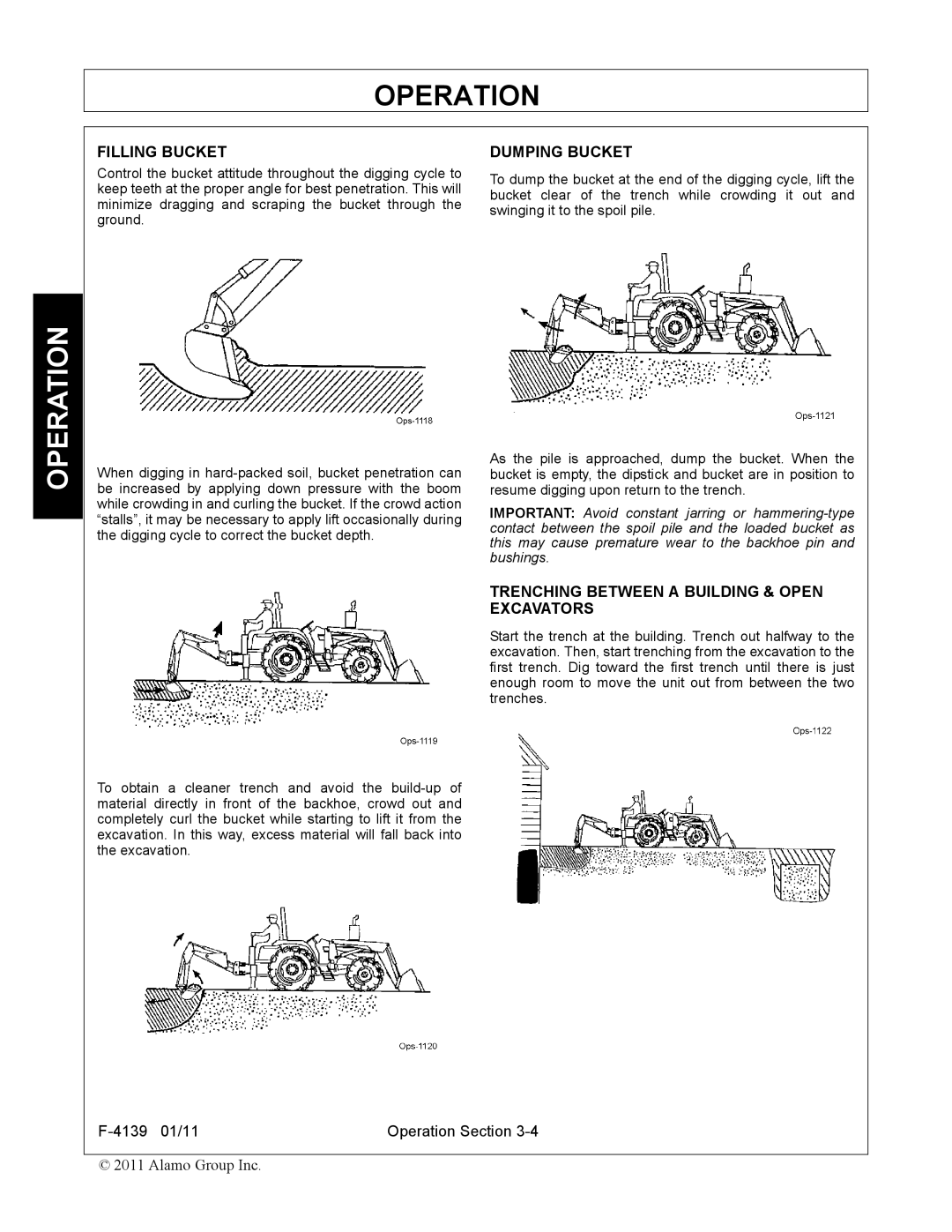 Servis-Rhino 60C manual Filling Bucket, Dumping Bucket, Trenching Between a Building & Open Excavators 