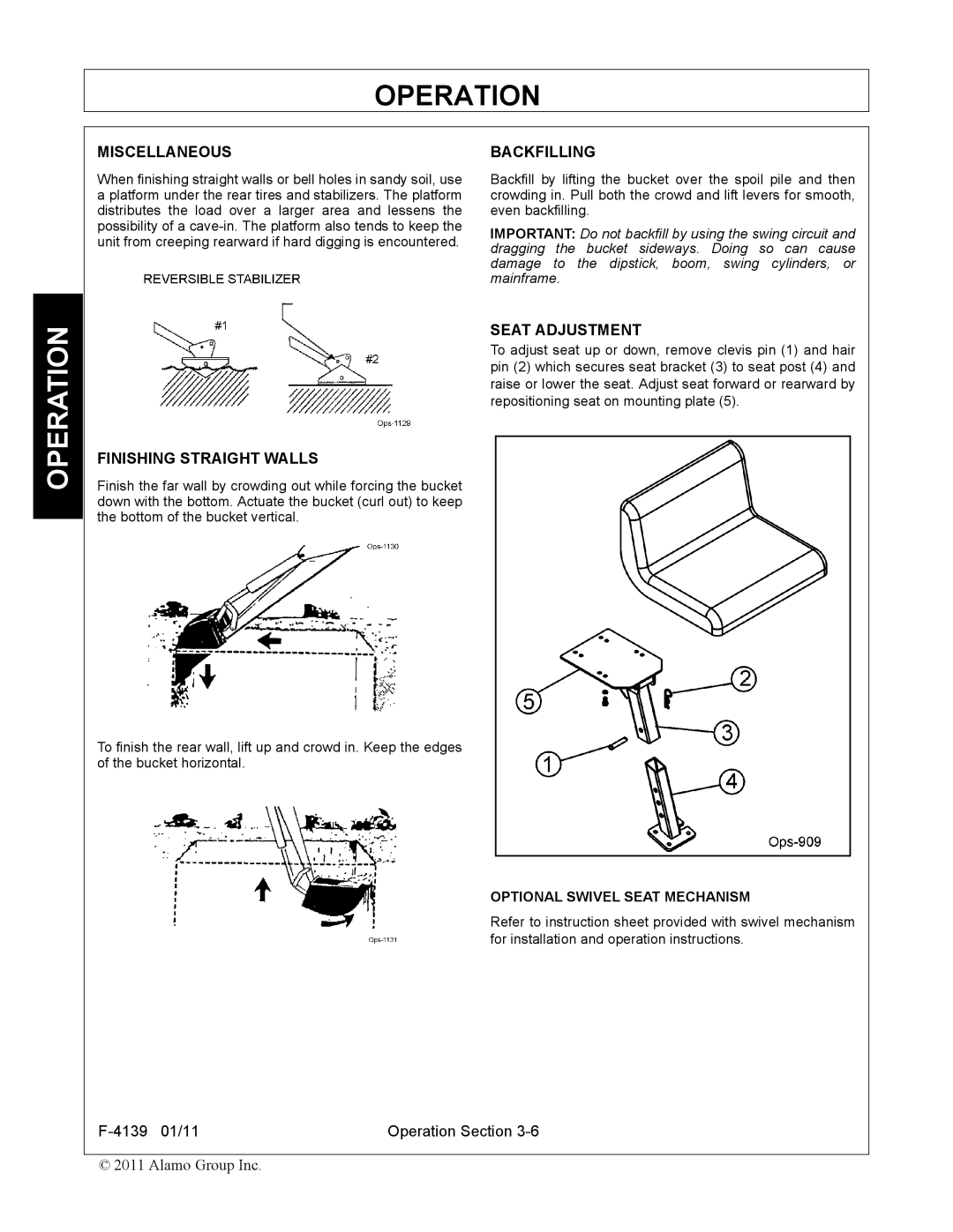 Servis-Rhino 60C manual Miscellaneous, Backfilling, Seat Adjustment, Finishing Straight Walls 