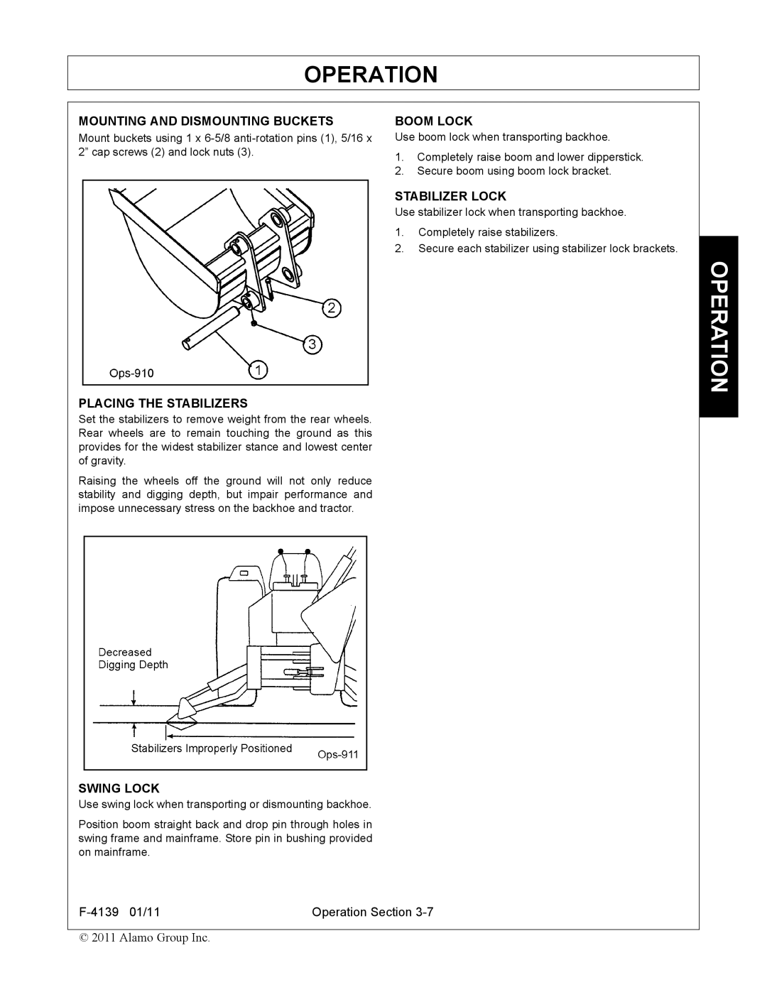 Servis-Rhino 60C manual Mounting and Dismounting Buckets, Placing the Stabilizers, Boom Lock, Stabilizer Lock, Swing Lock 