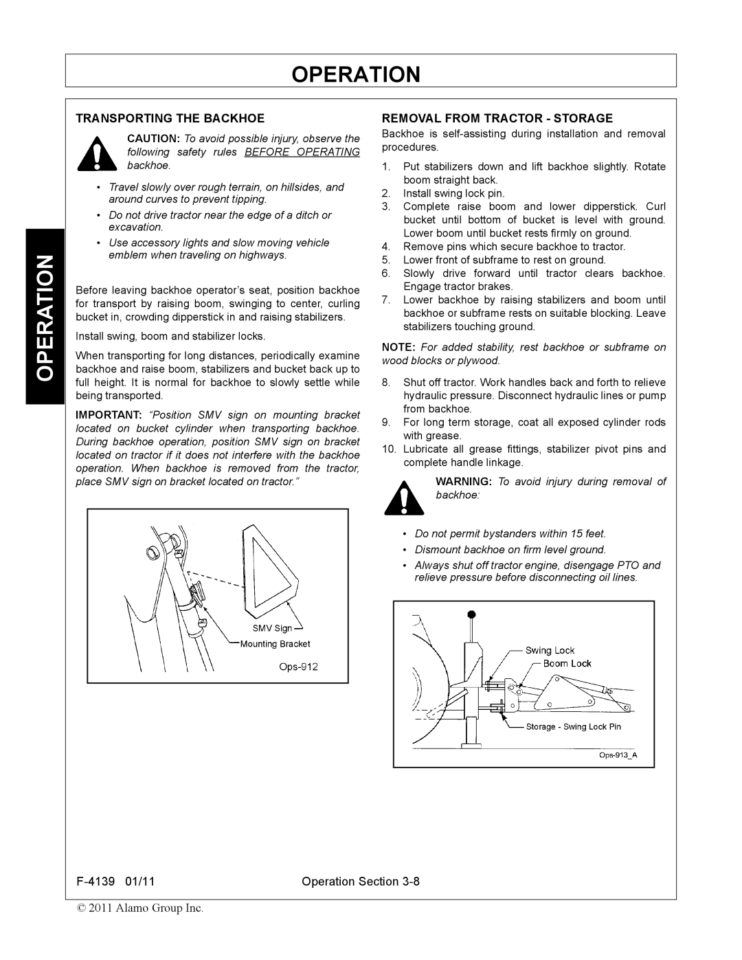 Servis-Rhino 60C manual Transporting the Backhoe, Removal from Tractor Storage 