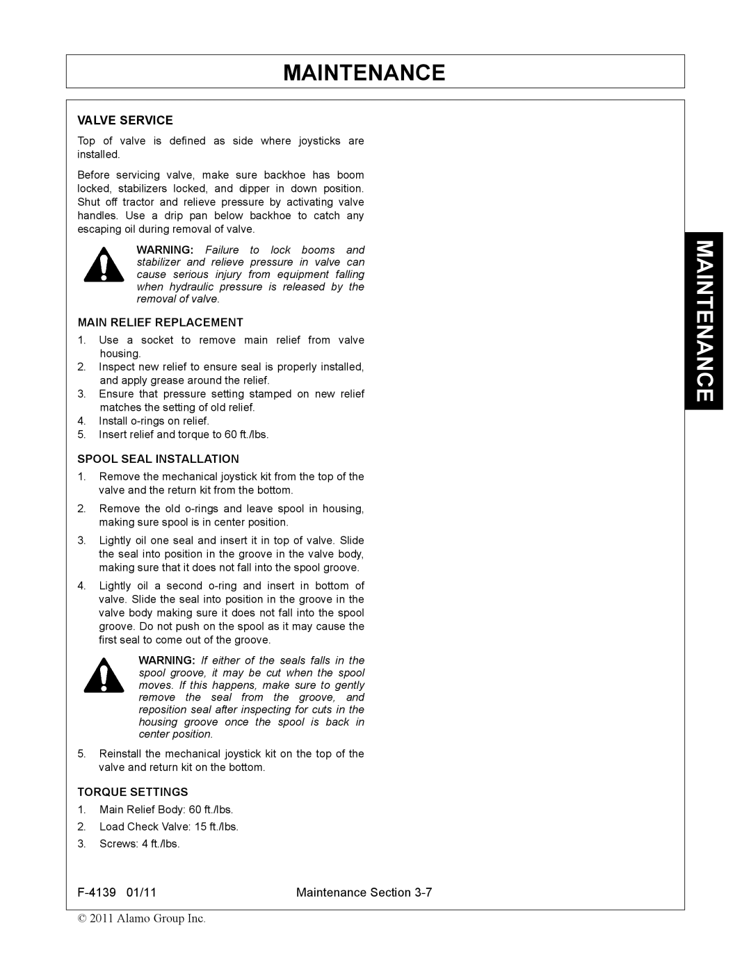 Servis-Rhino 60C manual Valve Service, Main Relief Replacement, Spool Seal Installation, Torque Settings 