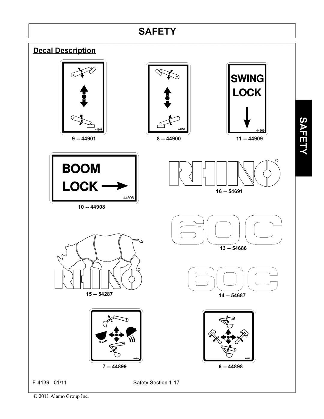 Servis-Rhino 60C manual Decal Description, 44901, 44900, 44909, 16 10 13, F-413901/11, Safety Section, Alamo Group Inc 