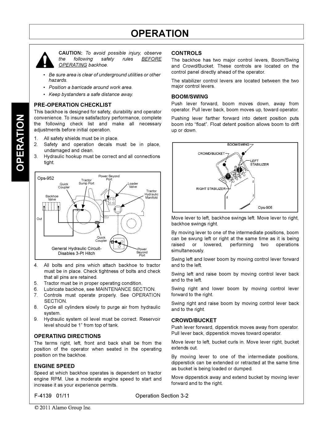 Servis-Rhino 60C manual Pre-Operationchecklist, Operating Directions, Engine Speed, Controls, Boom/Swing, Crowd/Bucket 