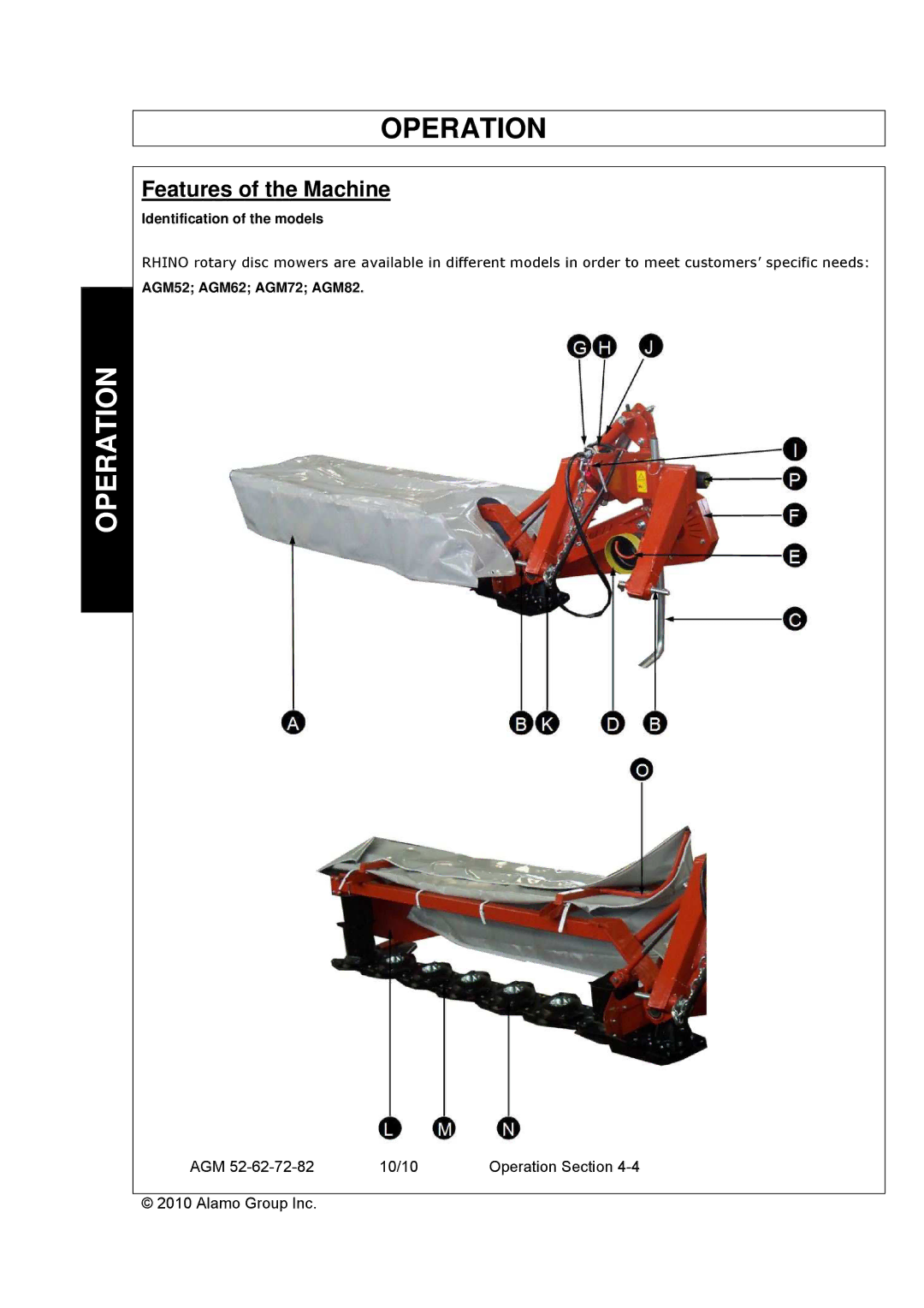 Servis-Rhino manual Features of the Machine, Identification of the models, AGM52 AGM62 AGM72 AGM82 