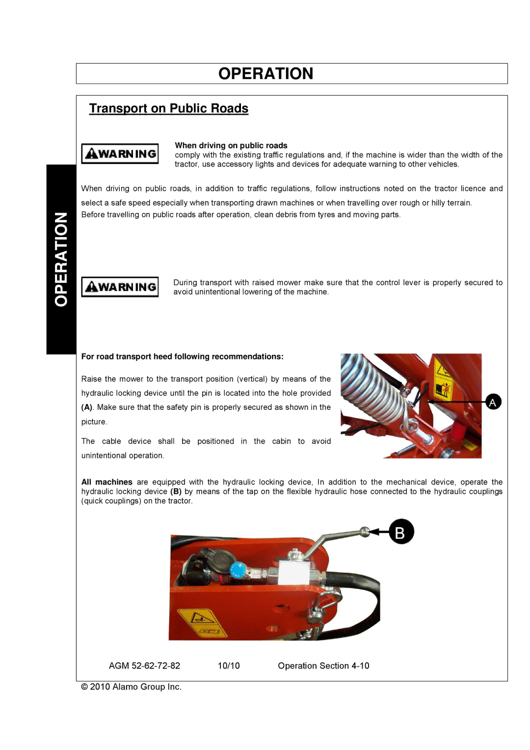 Servis-Rhino AGM62, AGM72, AGM52 manual Transport on Public Roads, When driving on public roads 