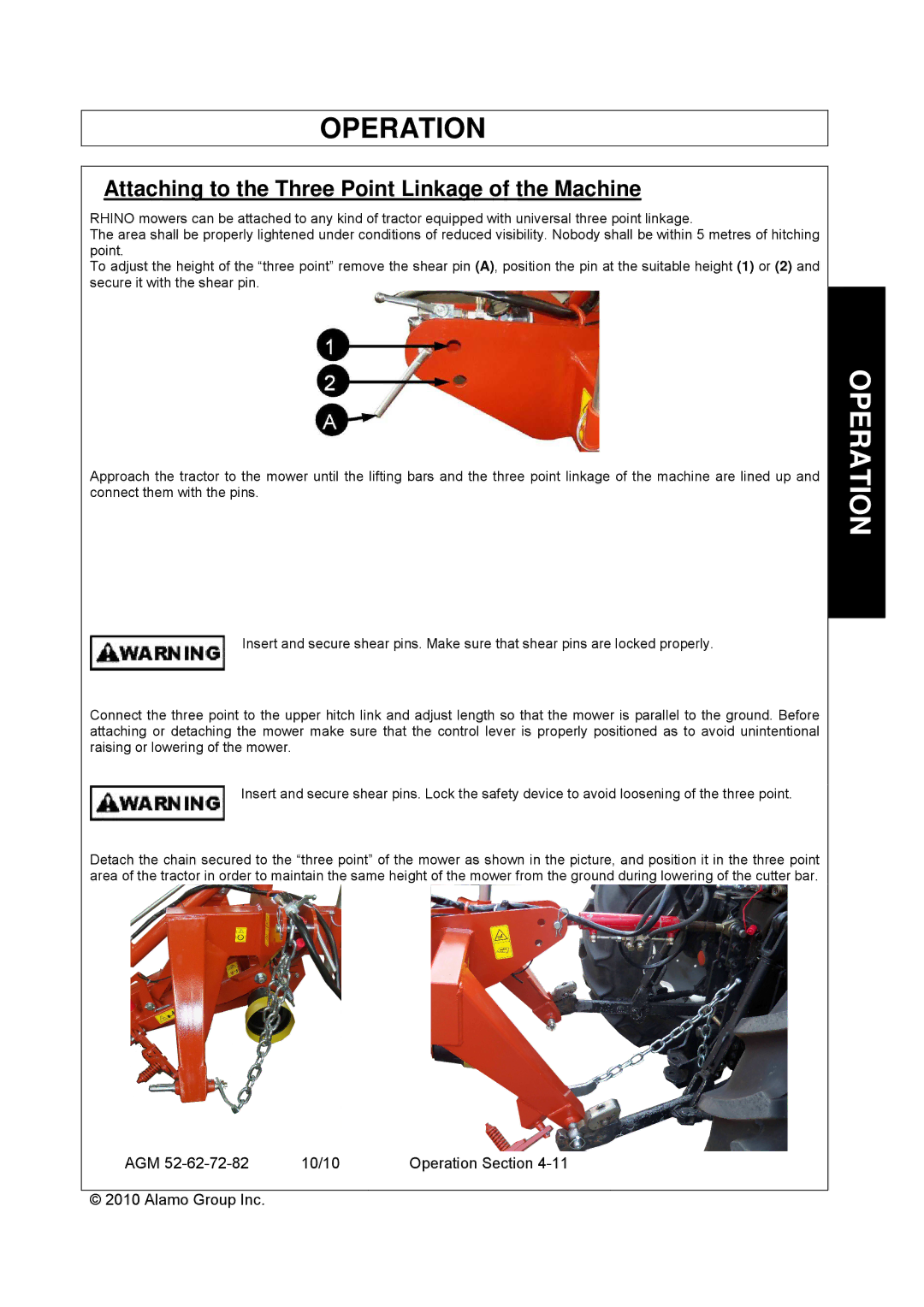 Servis-Rhino AGM72, AGM62, AGM52 manual Attaching to the Three Point Linkage of the Machine 