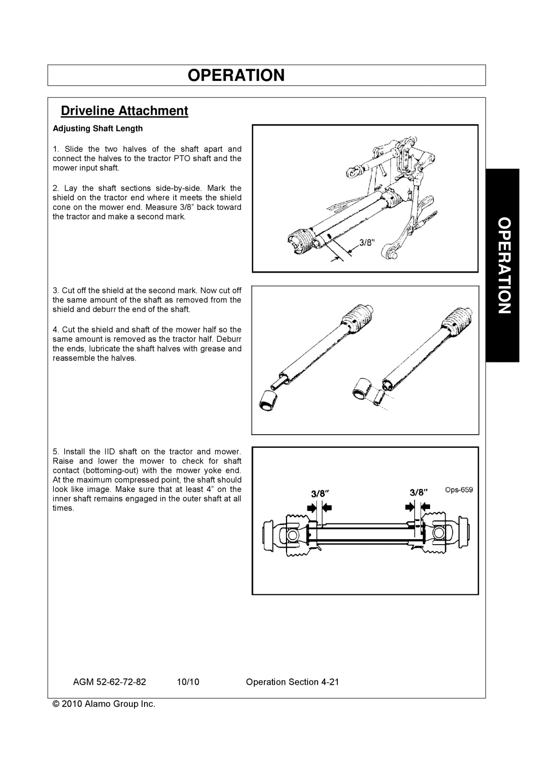 Servis-Rhino AGM52, AGM62, AGM72 manual Driveline Attachment, Adjusting Shaft Length 