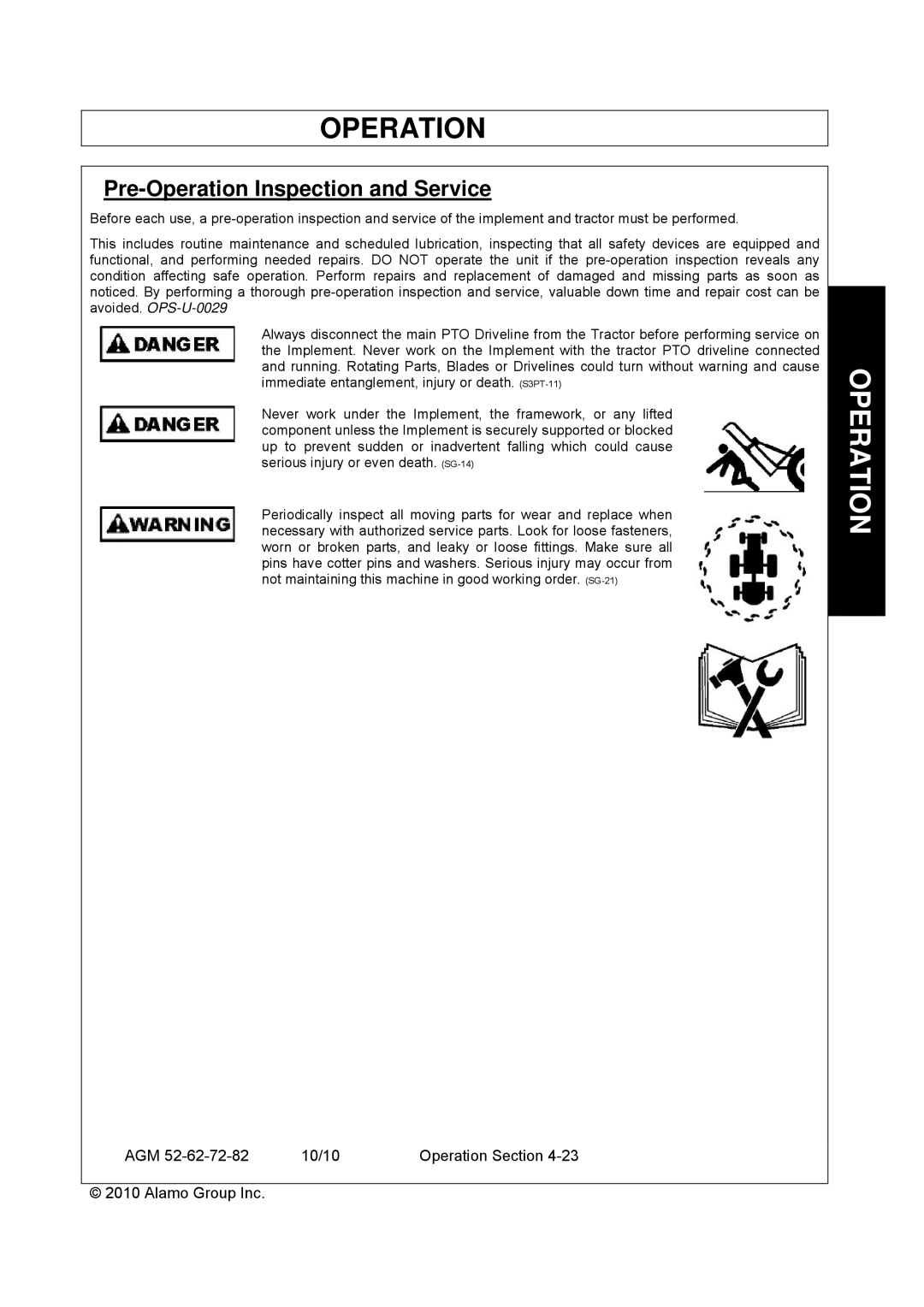 Servis-Rhino AGM72, AGM62, AGM52 manual Pre-Operation Inspection and Service 